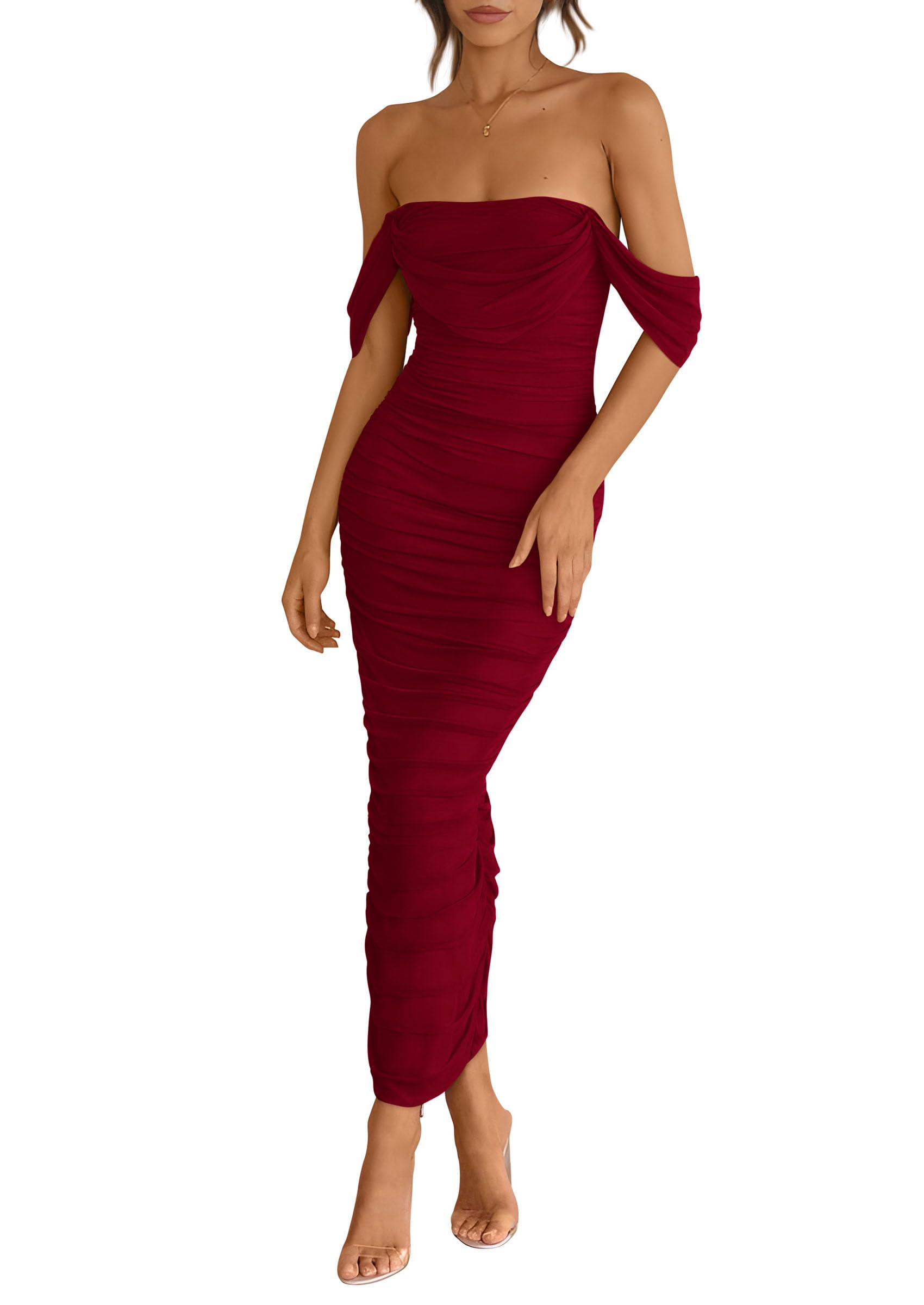 Womens Off Shoulder Maxi Wedding Guest Dress,Wine Red,S