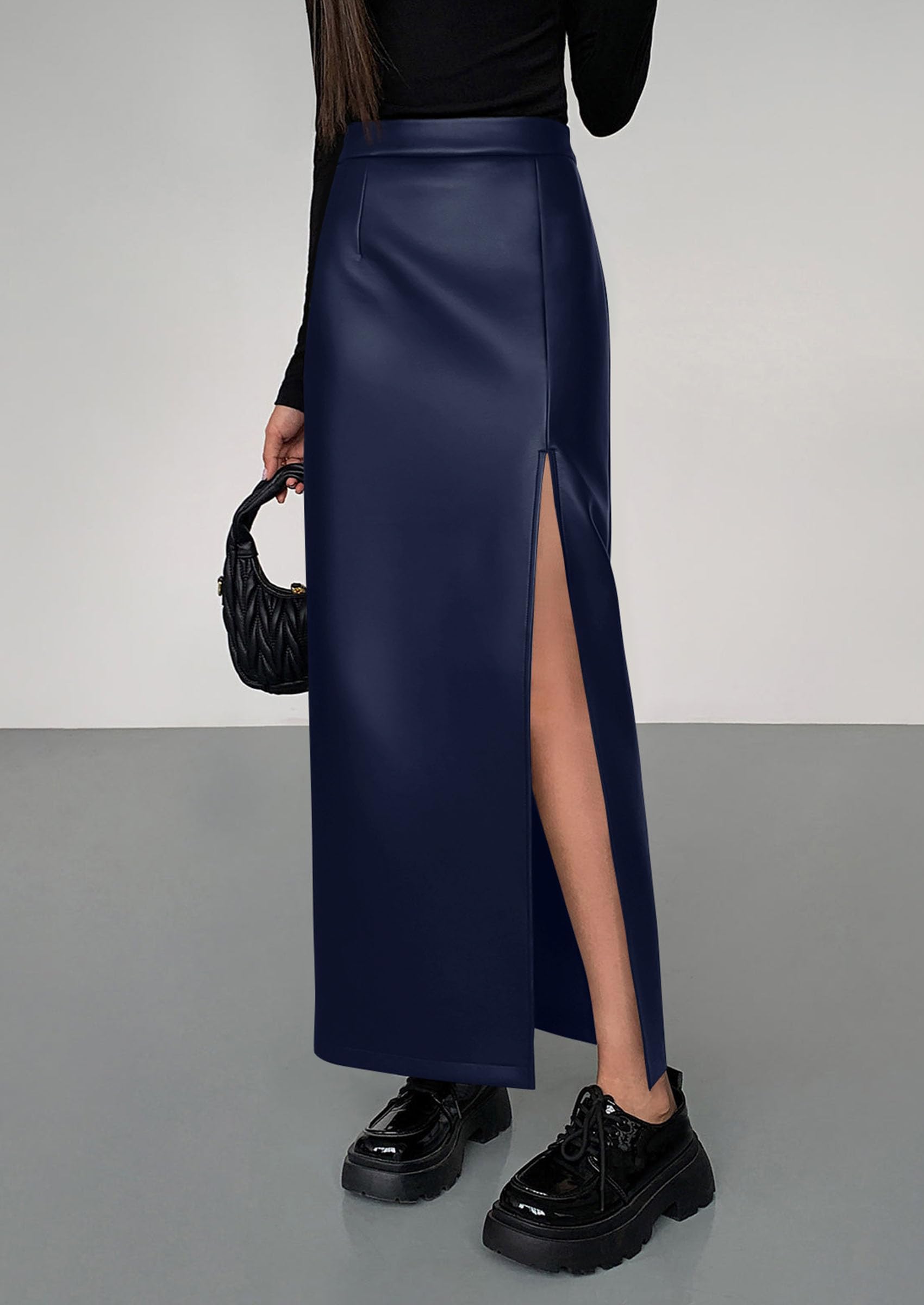 Women's Faux Leather Long Pencil Skirt,Navy Blue,XS