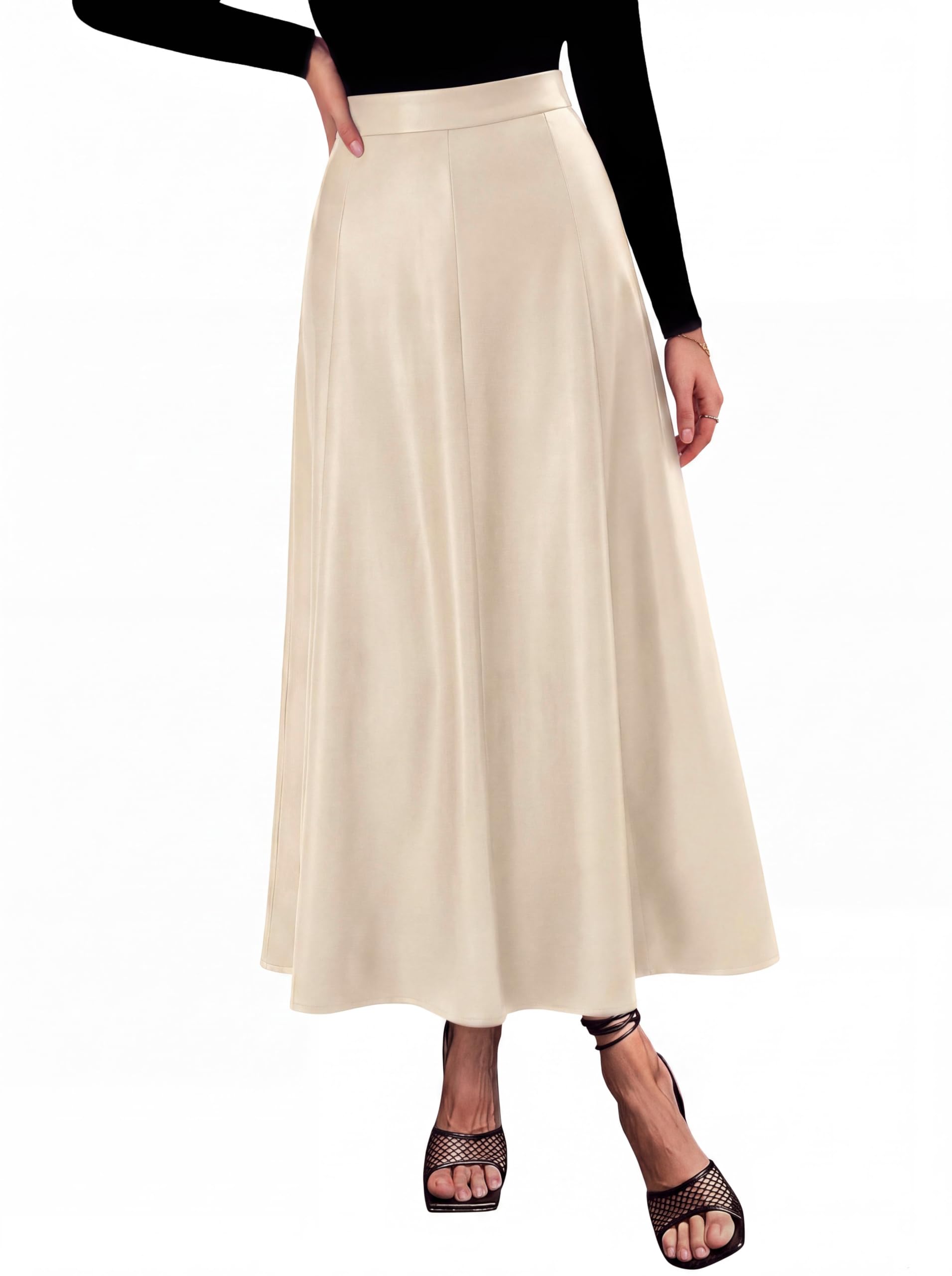 Womens Faux Leather High Waisted Midi Skirt,Beige,S