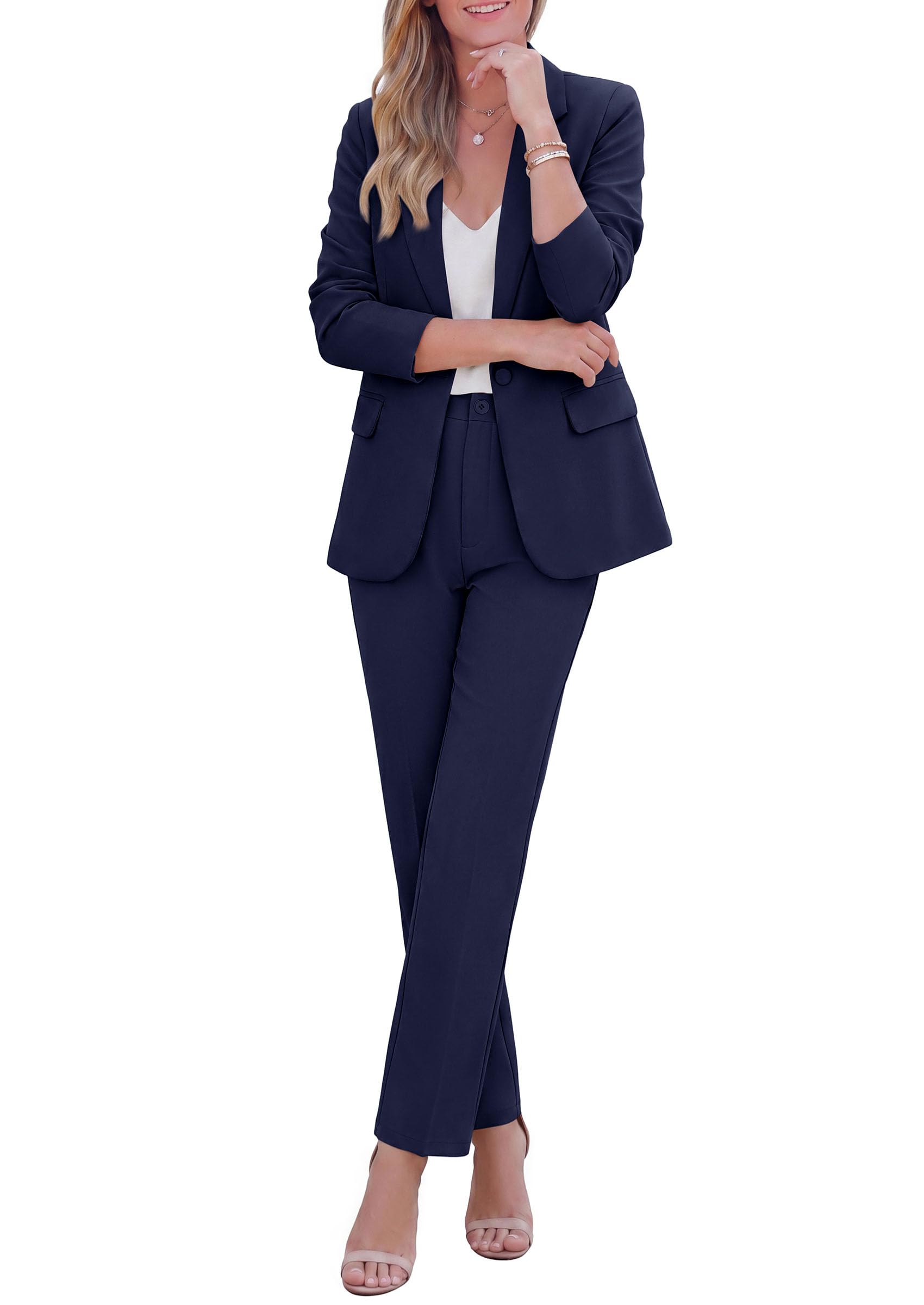 Two Piece Sets for Women Dressy Pant Suits,Navy Blue,M