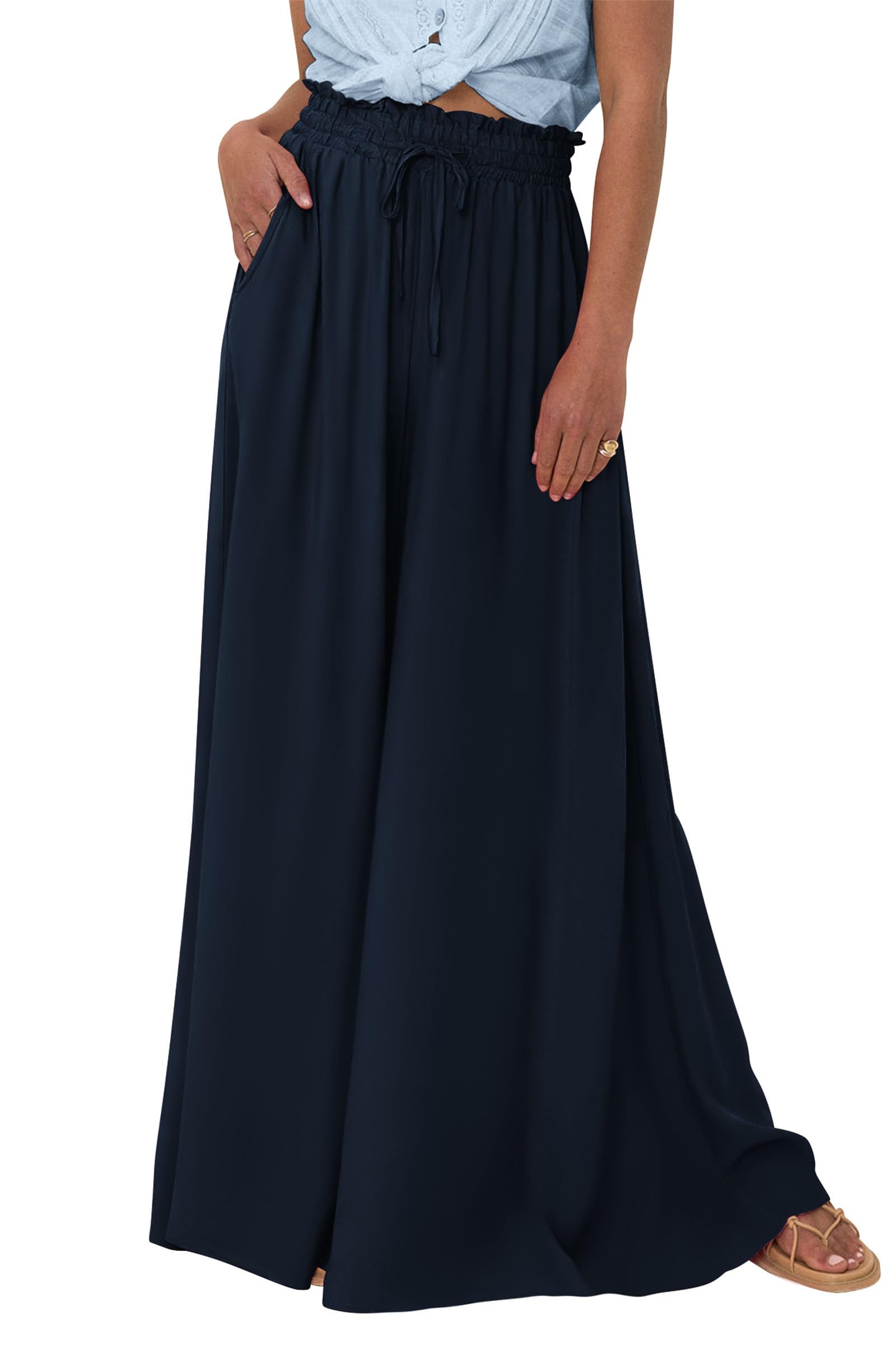 Summer Wide Leg Palazzo Pants for Women Casual,Navy,S