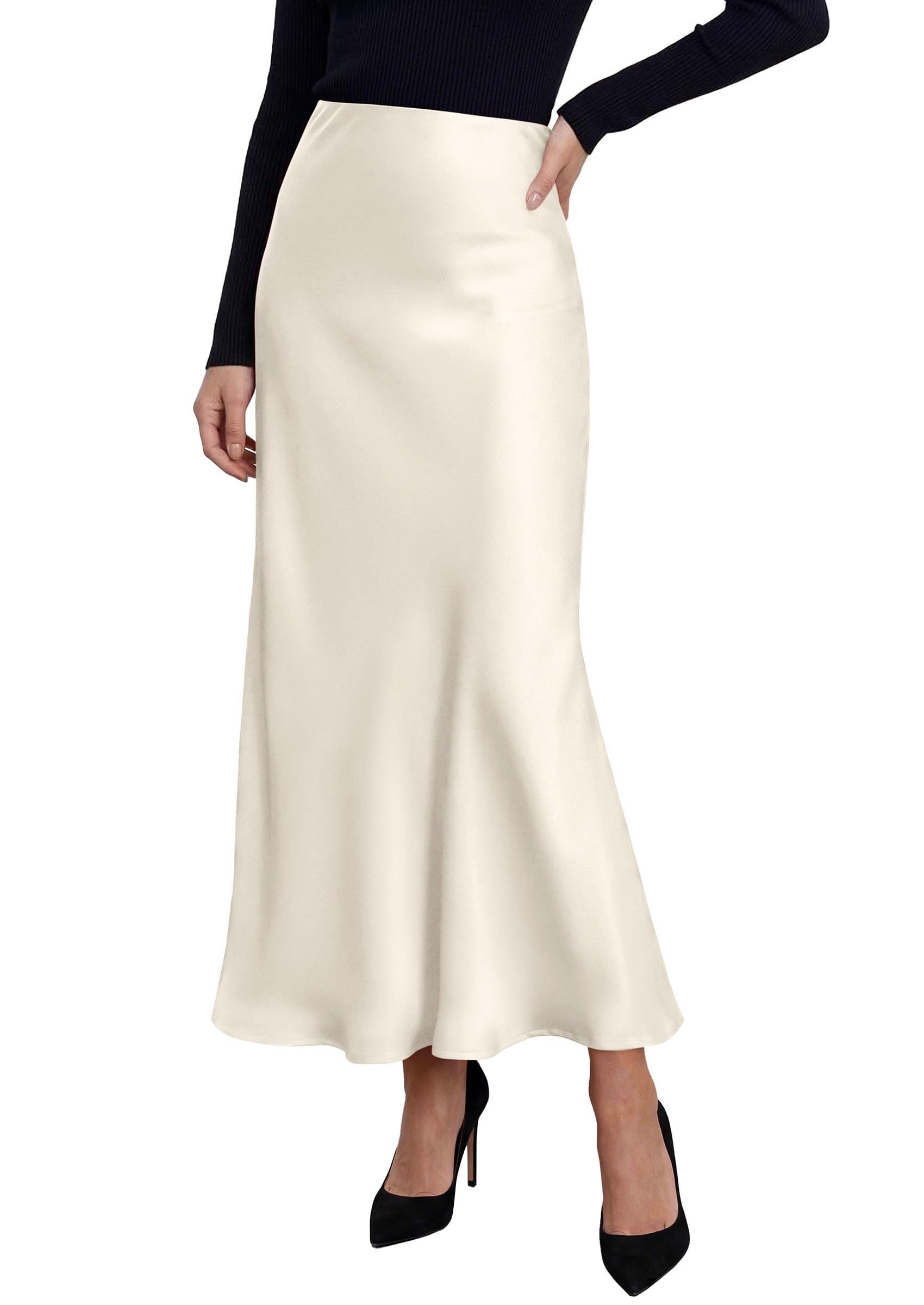 Women's Silk Satin Maxi Skirts Fall Clothes (Beige,L)