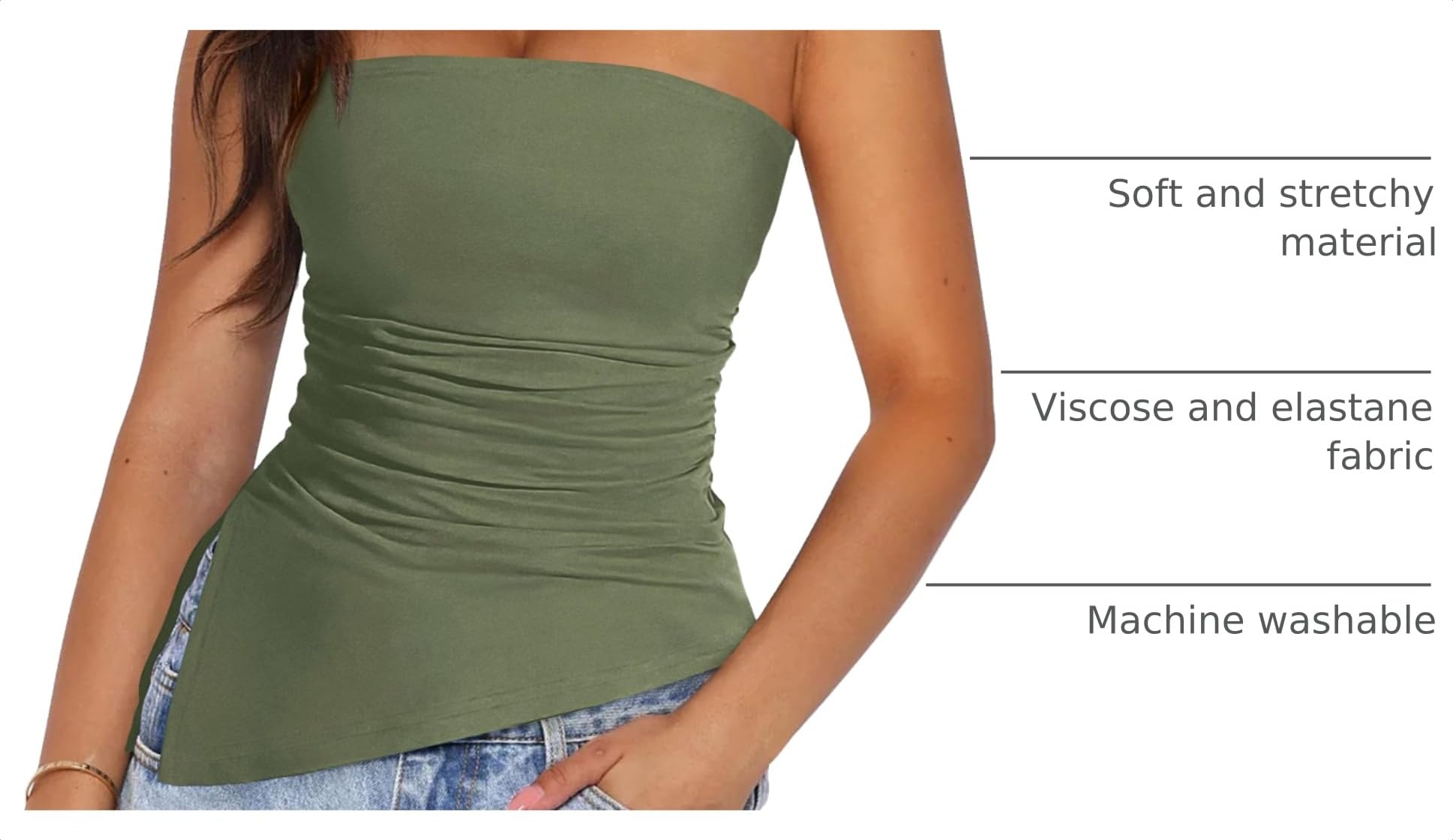 Women's Ruched Asymmetrical Strapless Tube Top, Sage Green,S