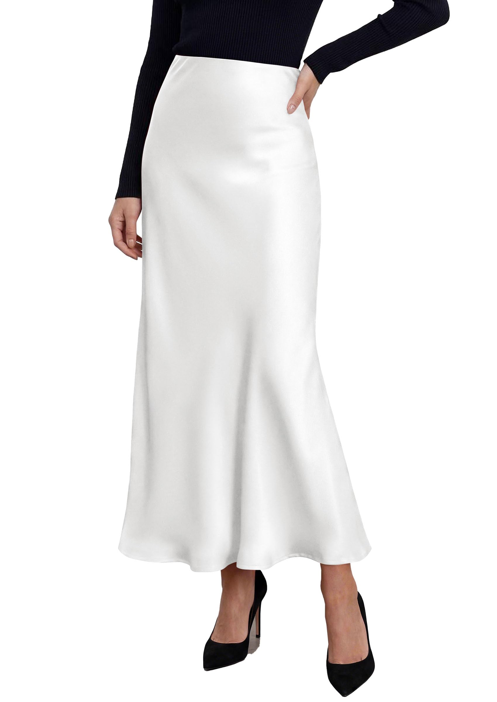 Women's Silk Satin Maxi Skirts Fall Clothes (White,S)
