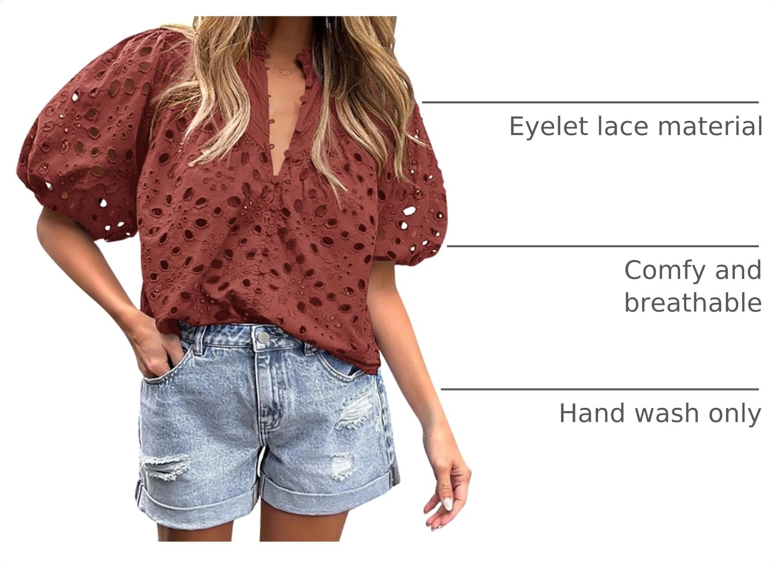 Womens Tops Boho Eyelet Puff Sleeve Blouse, Brown Red,S