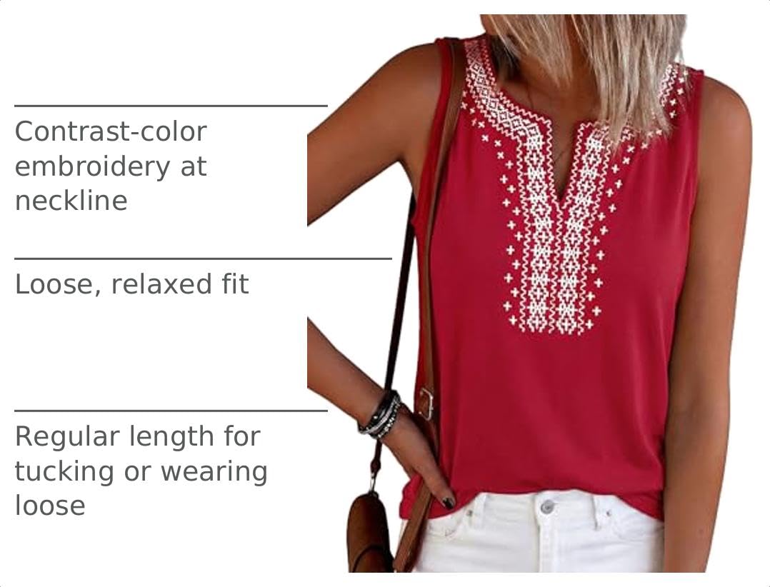 Womens Embroidered Sleeveless Tank Tops Red,S