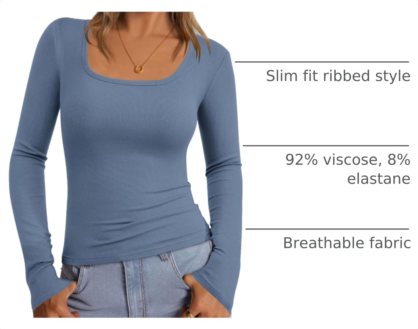 Square Neck Long Sleeve Shirts for Women Blue Grey,S