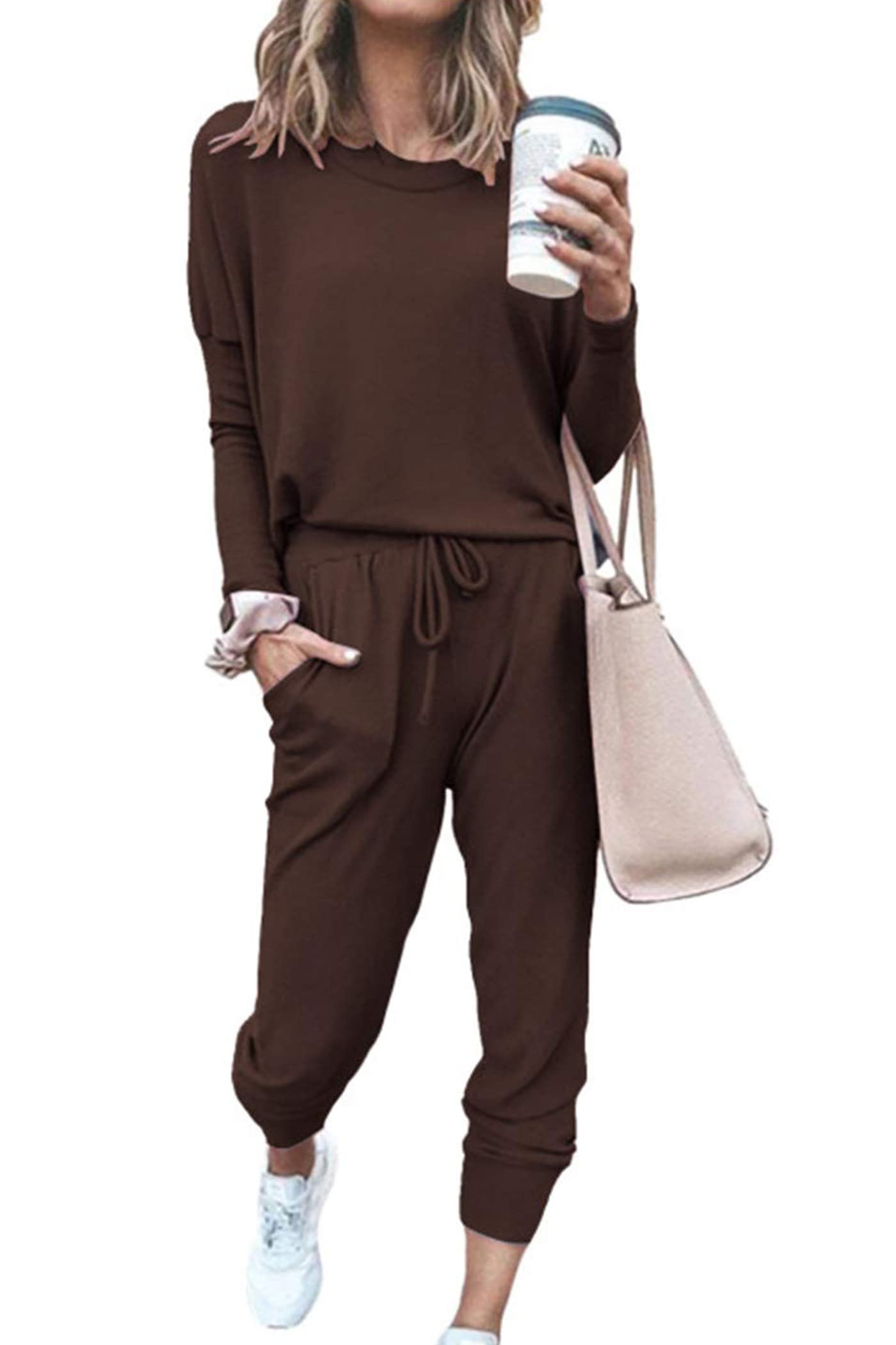 Travel Outfit Women 2 Piece Lounge Sets, Brown,S