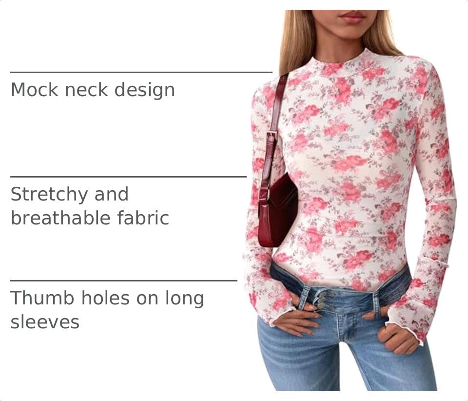 Womens Floral Mesh Long Sleeve Tops Fall Slim Fitted Shirts