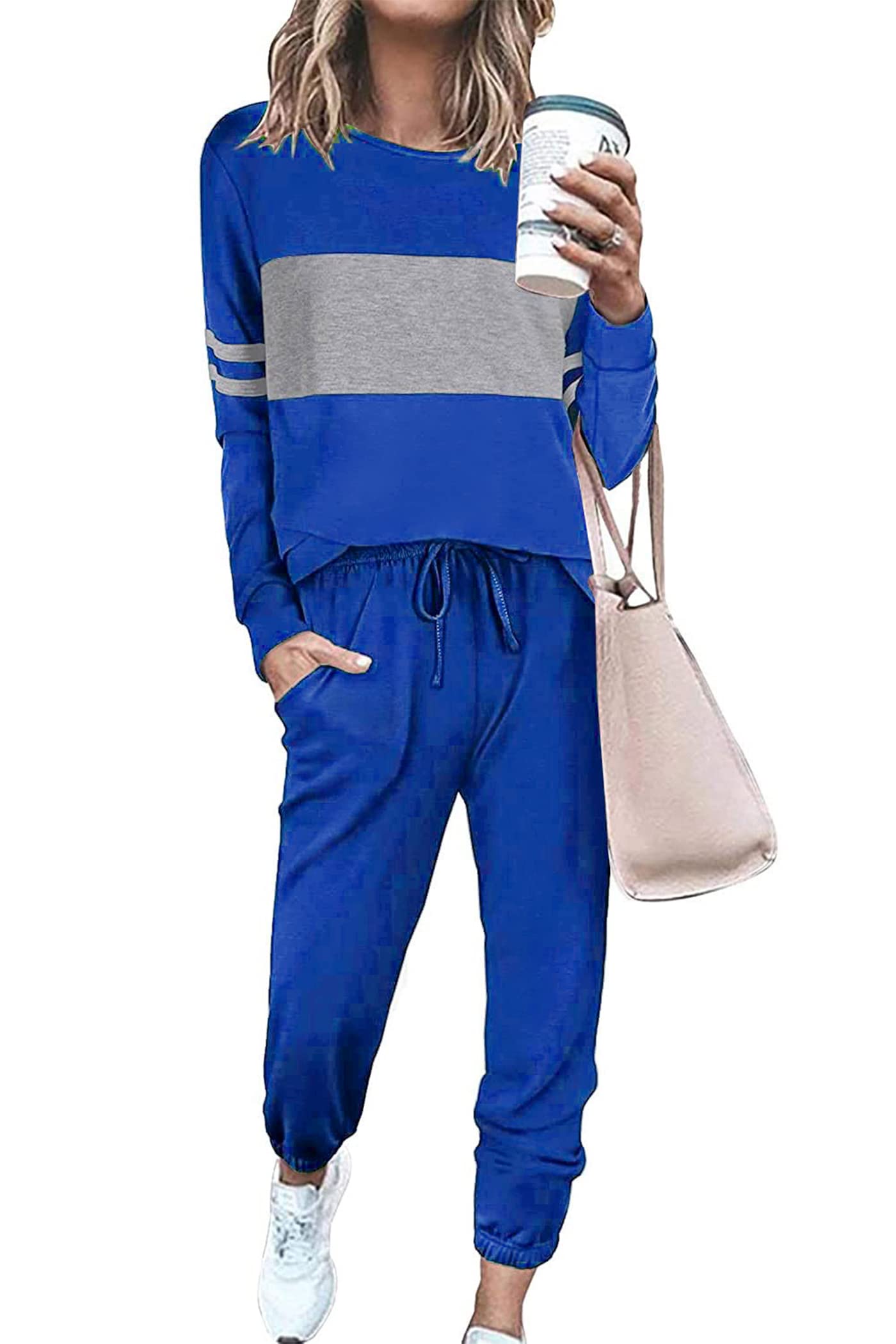 Women Color Block 2 Piece Sets Tracksuit,Dark Blue,S