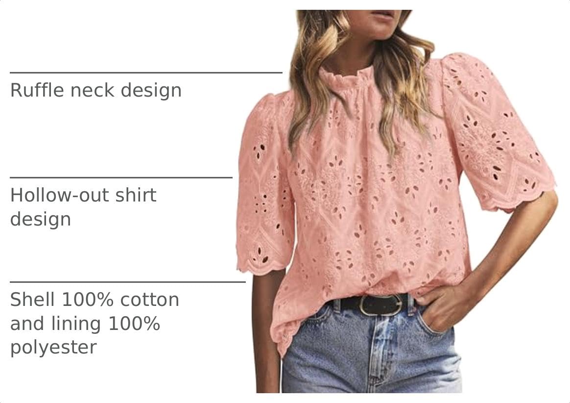 Women Summer Tops Eyelet Embroidered Shirts,Pink,XS
