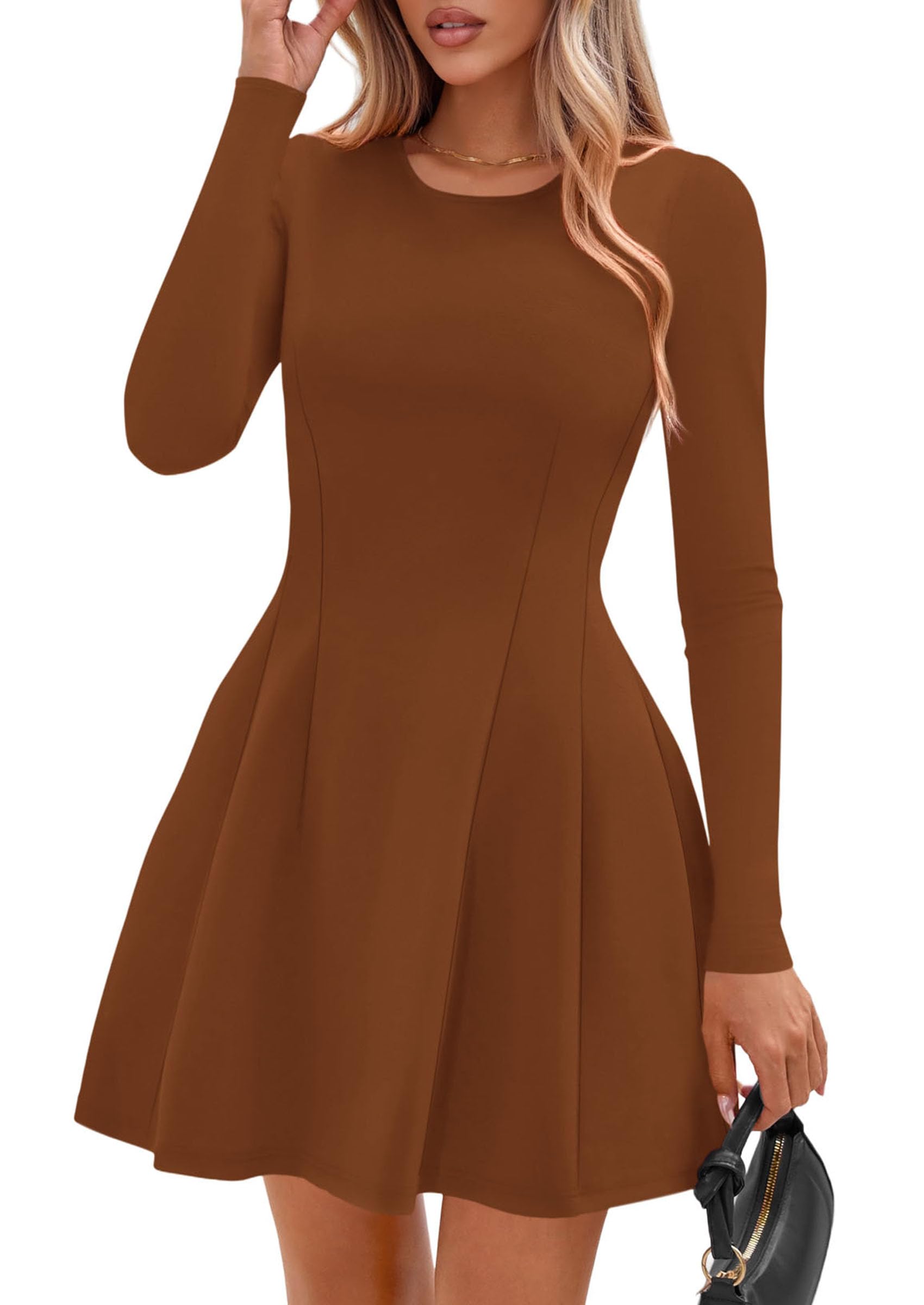 Womens Long Sleeve Pleated Mini Dress,Caramel,XS