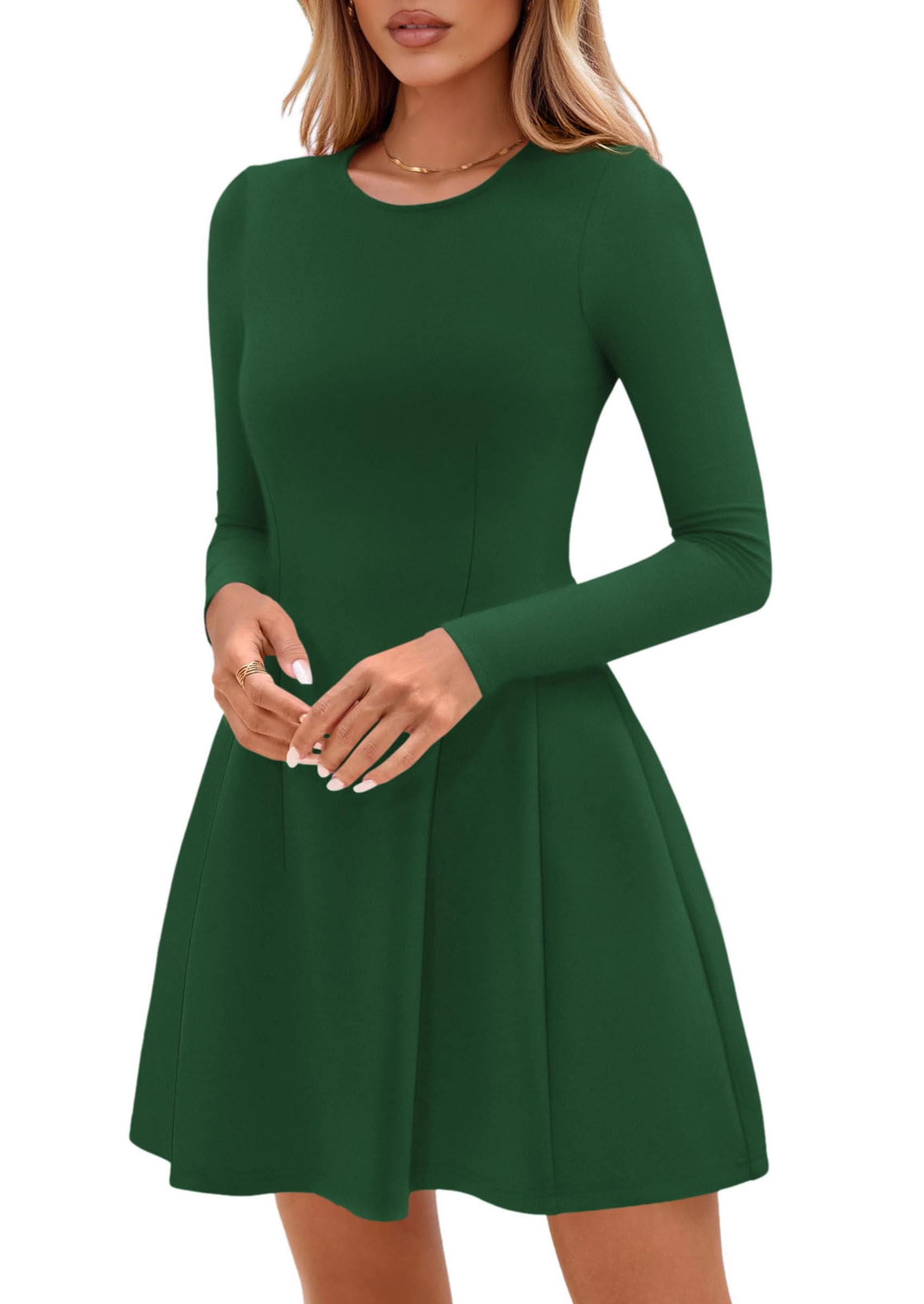 Womens Long Sleeve Pleated Mini Dress,Green,XS