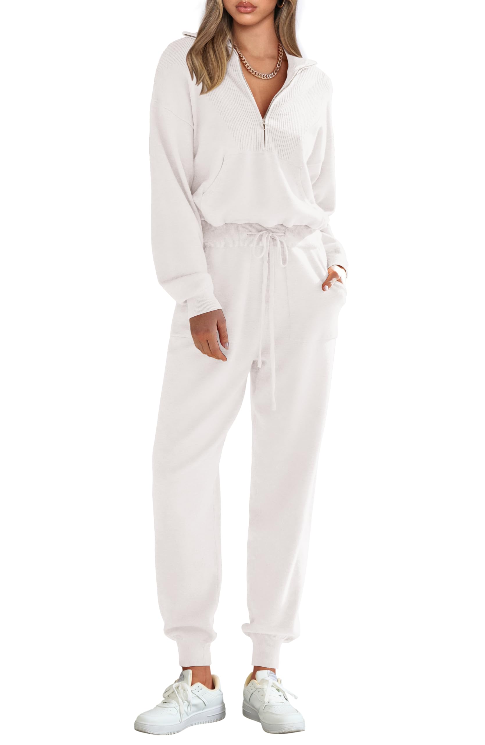 Women's 2 Piece Sweatsuits Set Fall Outfits(White,M)