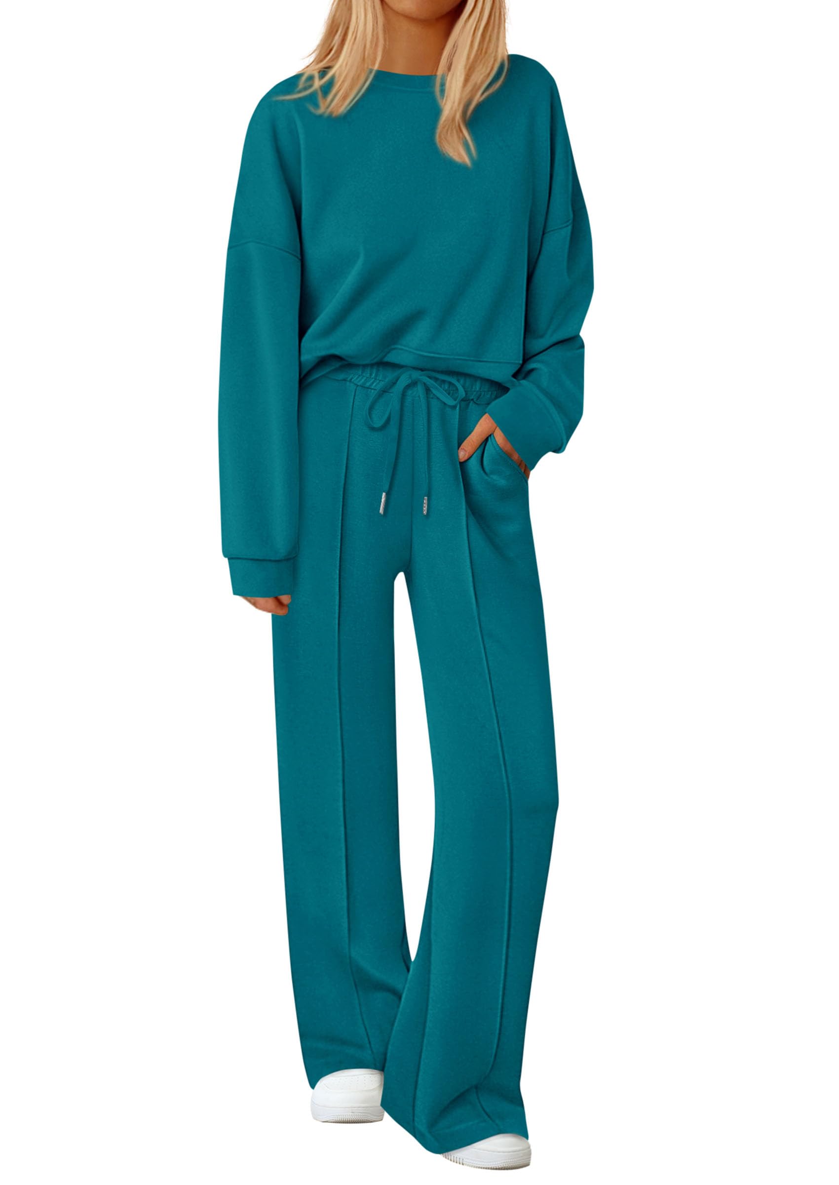 Womens Long Sleeve Sweatshirt 2 Piece Sets,Blue Green,S