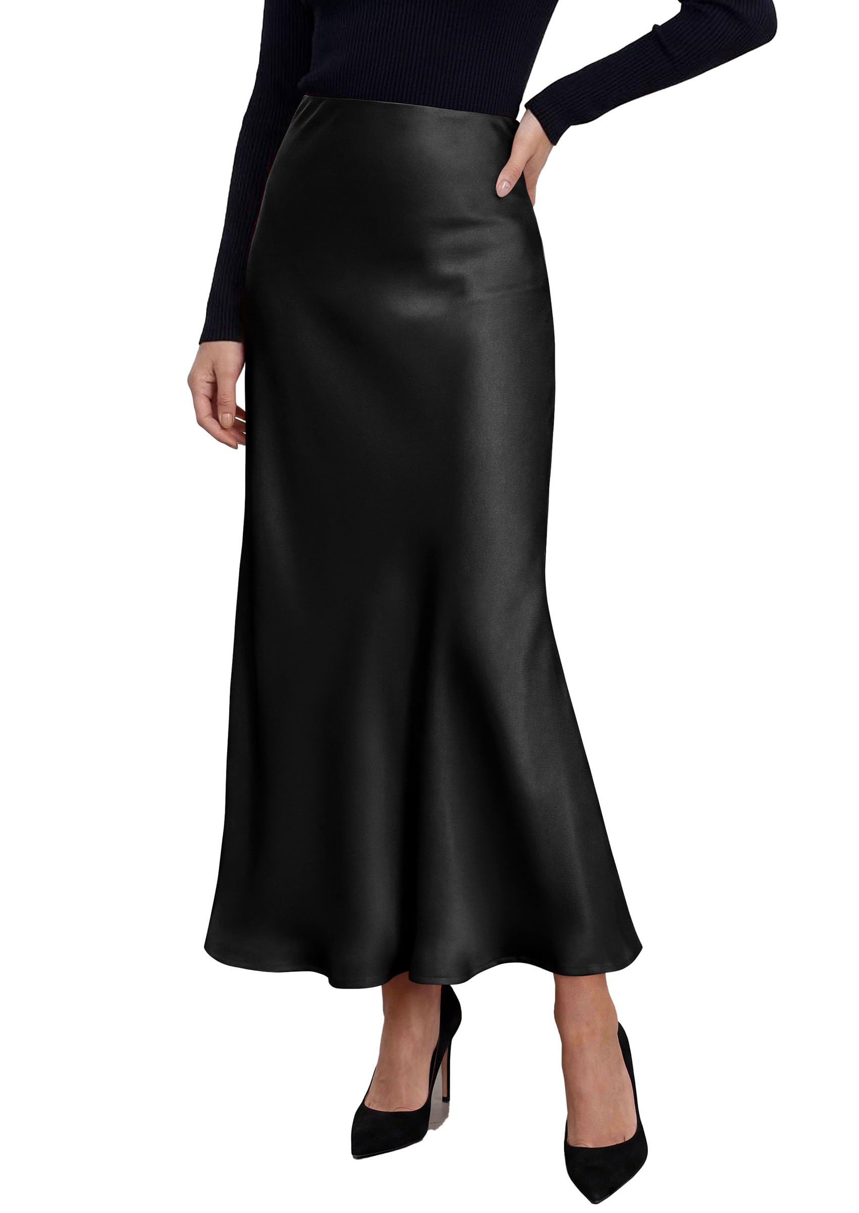 Women's Silk Satin Maxi Skirts Fall Clothes (Black,S)