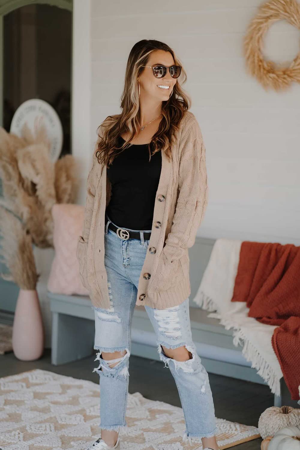 Women Chunky Cable Knit Cardigan Sweaters Fall Fashion Clothes