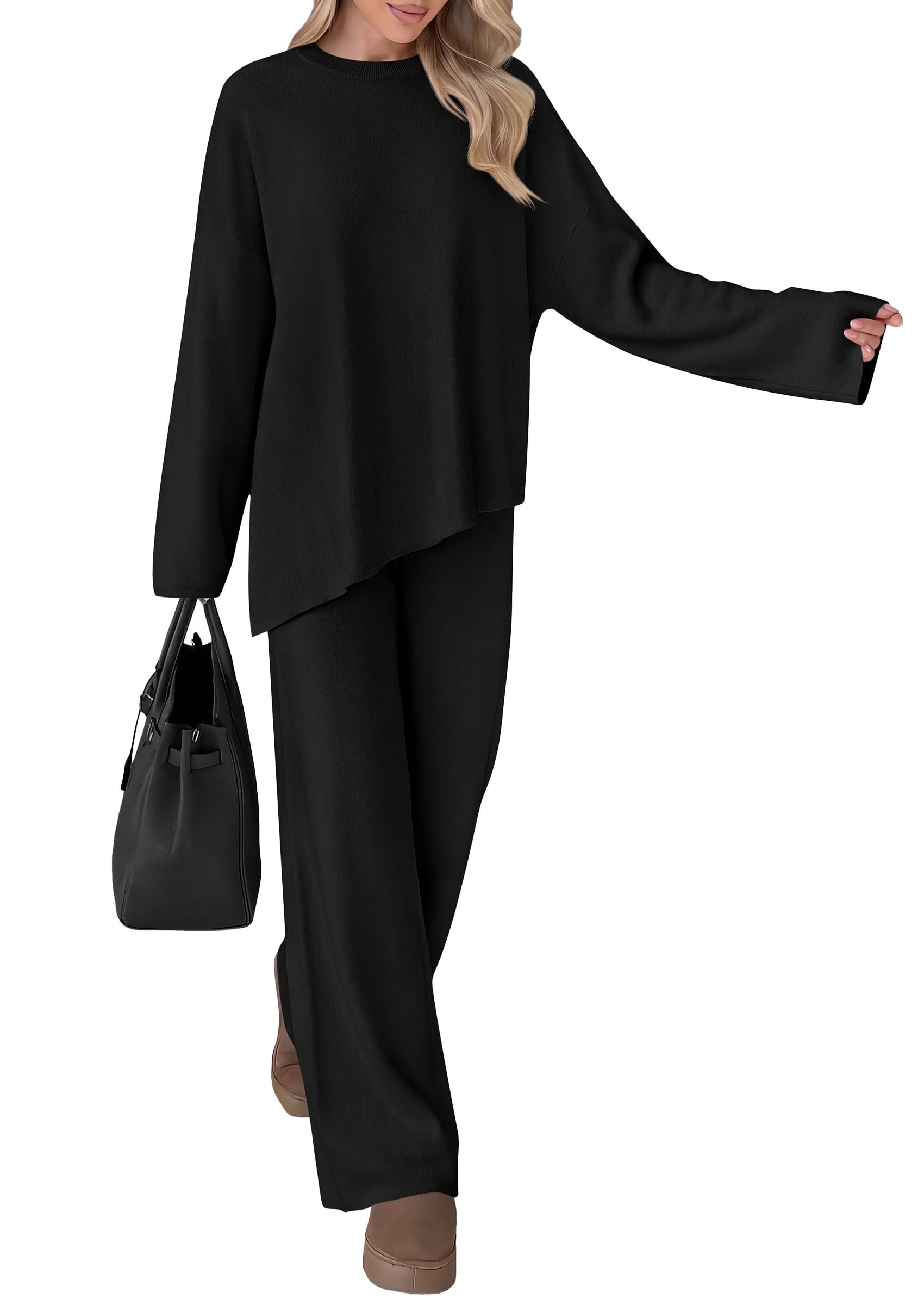 Womens Fall 2 Piece Asymmetric Cozy Sweater Travel Lounge Sets
