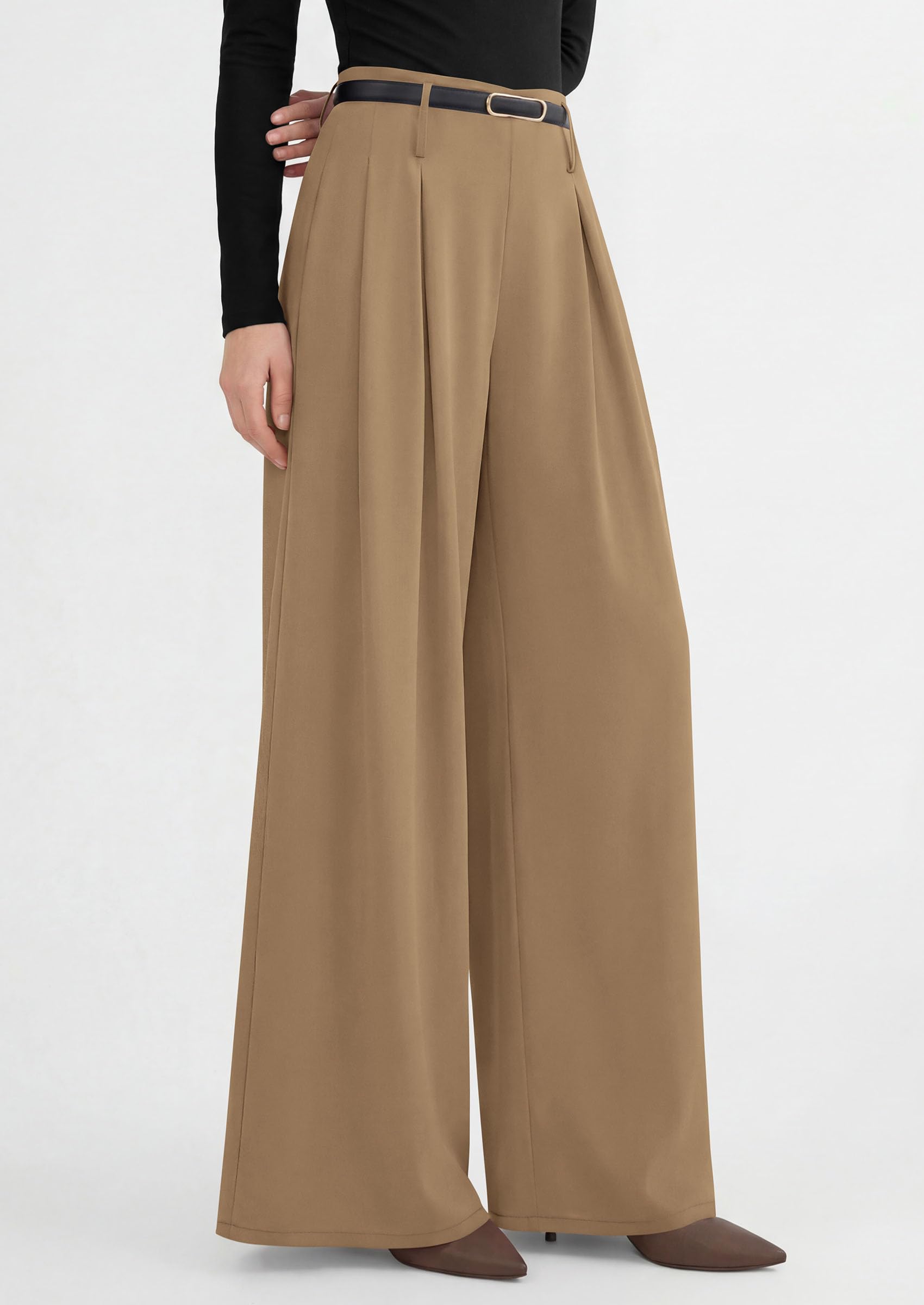 Womens Wide Leg Dress Pants Flowy Trousers,Khaki,S