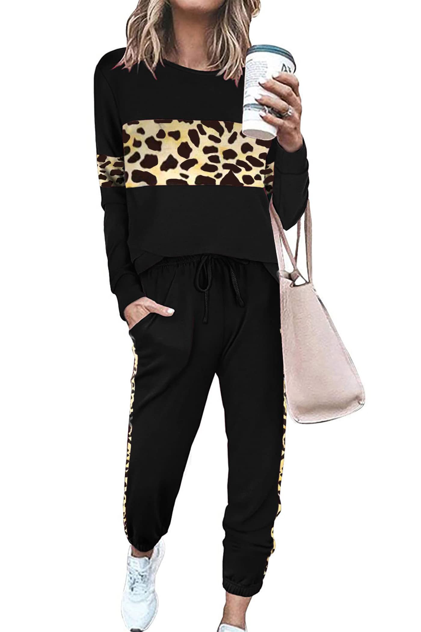 Women Color Block 2 Piece Sets Tracksuit,Leopard Black,S
