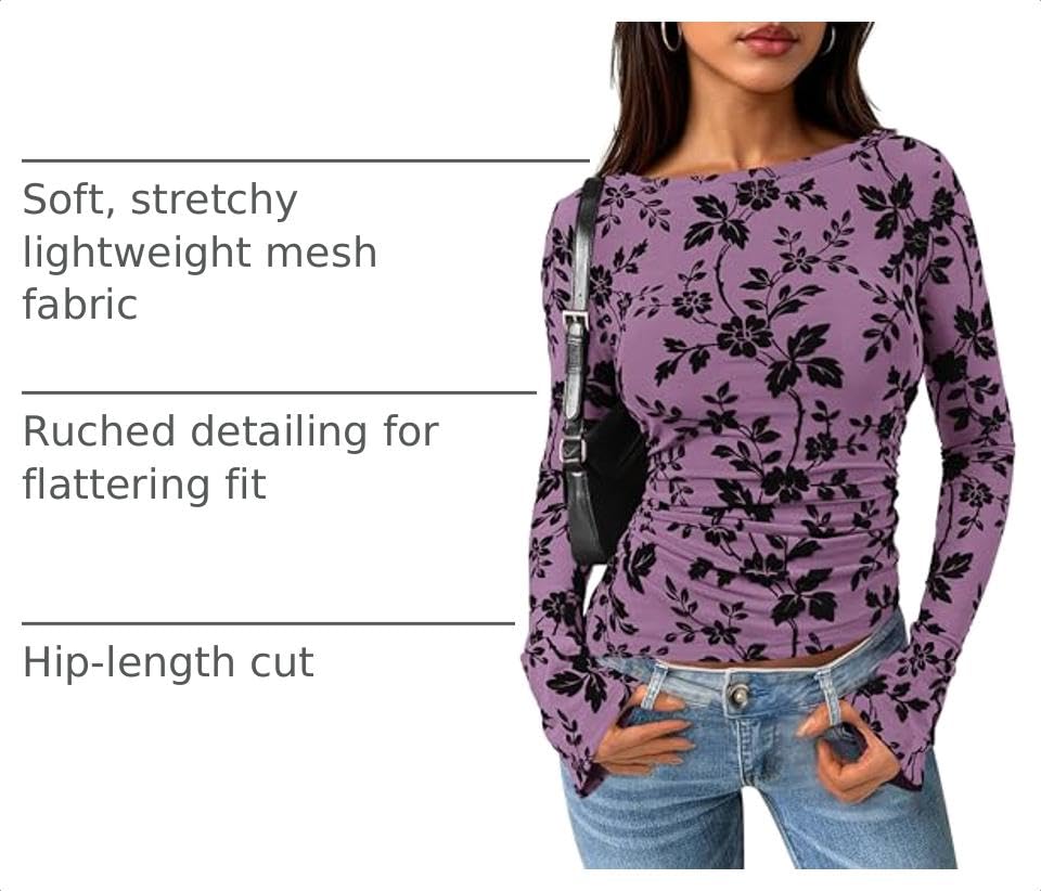 Women's Long Bell Sleeve Y2K Tops Boho Floral Mesh Blouses