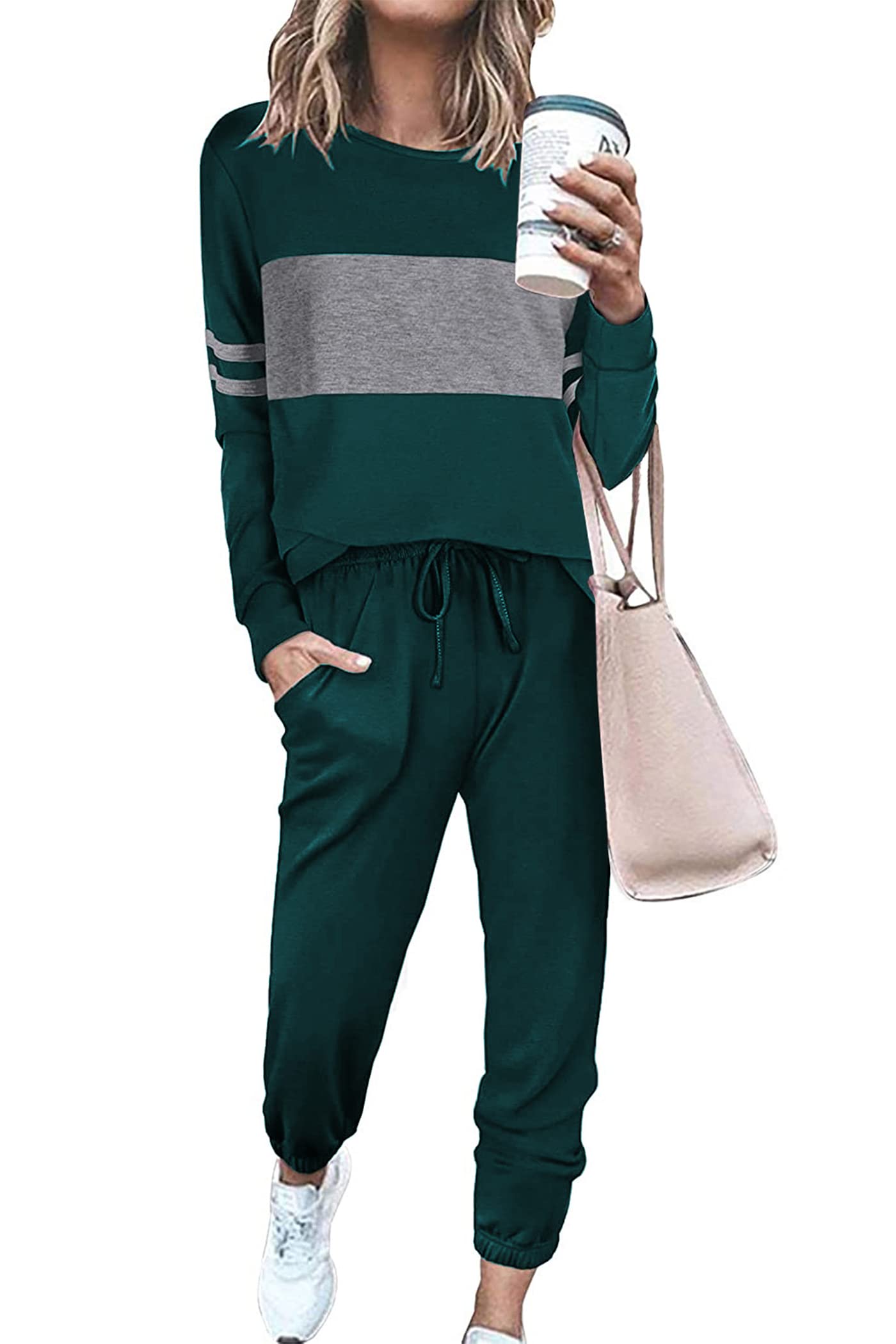 Women Color Block 2 Piece Sets Tracksuit,Dark Green,S