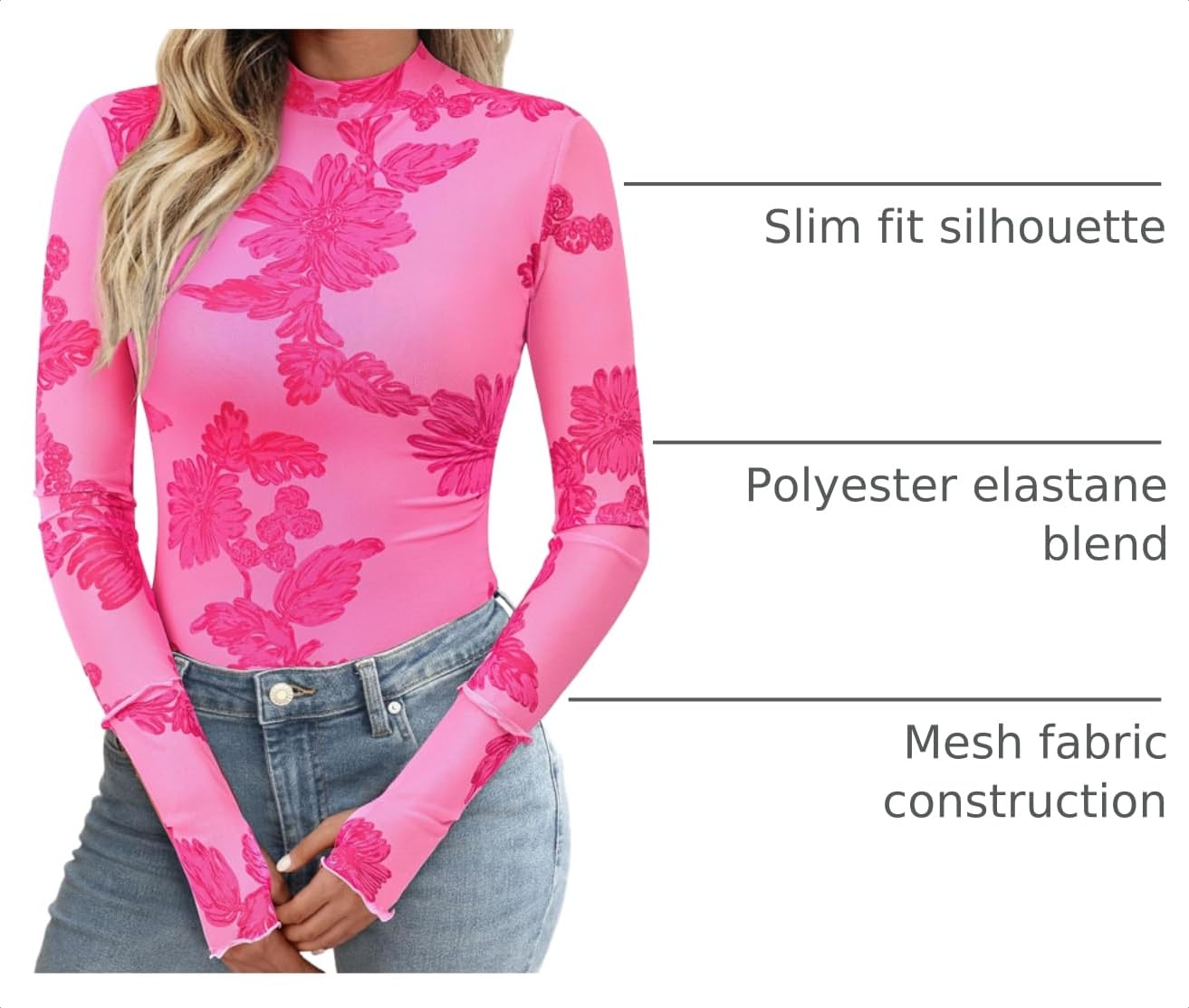 Womens Floral Mesh Long Sleeve Tops Fall Slim Fitted Shirts