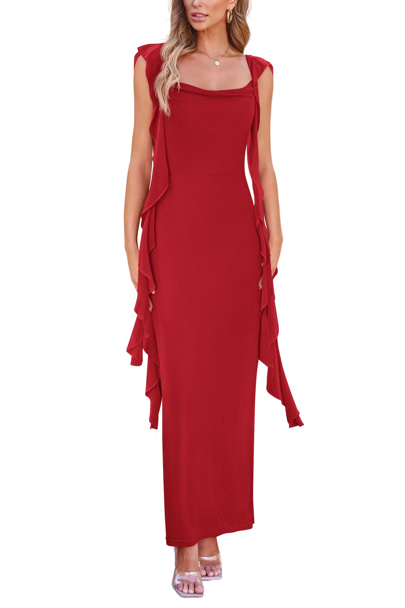 Summer Dresses for Women Ruffle Bodycon Maxi Dress,Red,S
