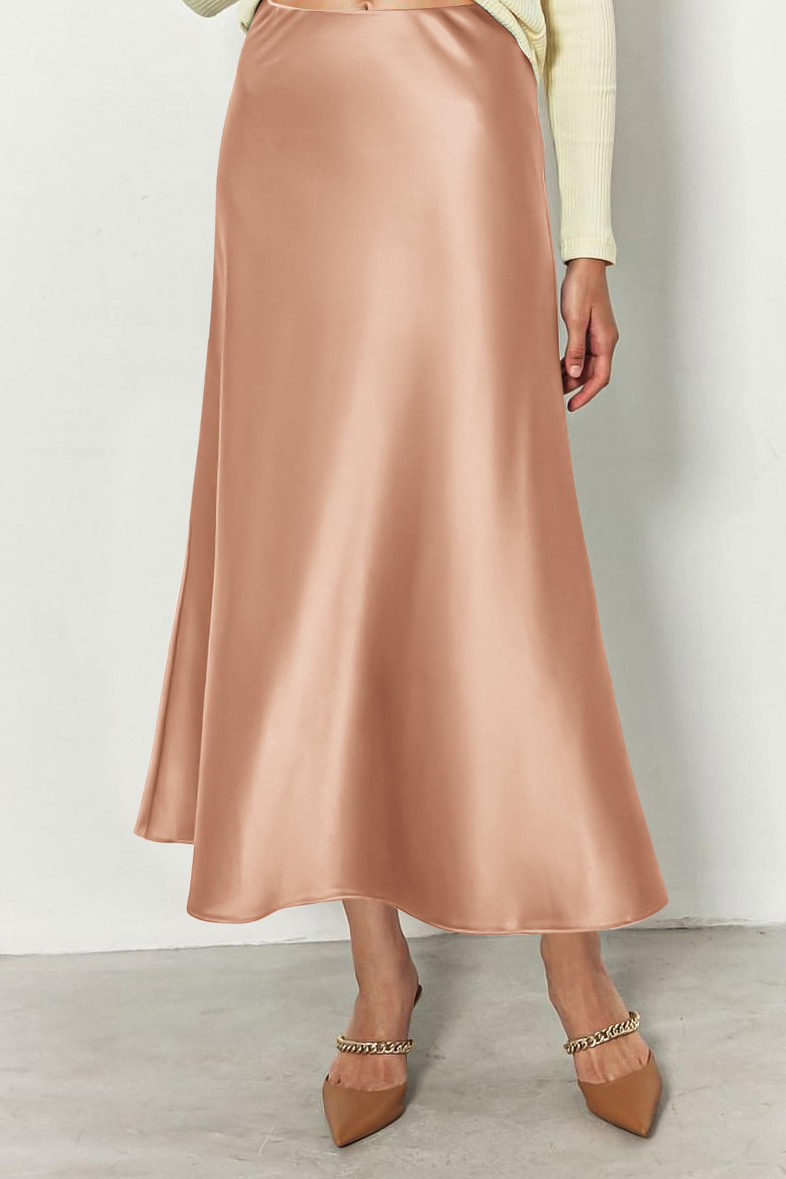 Women's Satin Midi Skirts Dressy Casual,Champagne,S