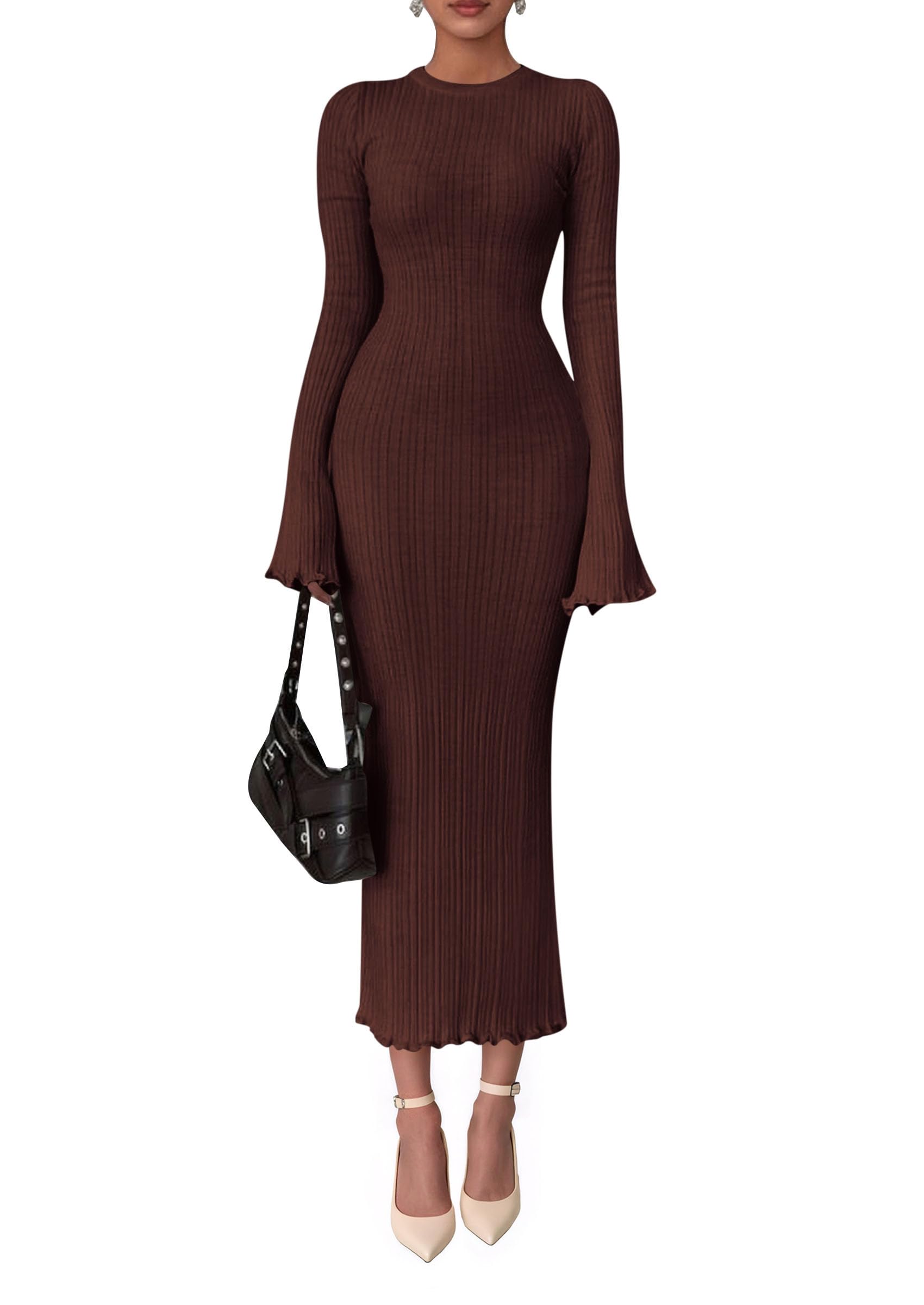 Women's Sweater Dress Long Sleeve Maxi Dresses,Coffee,S