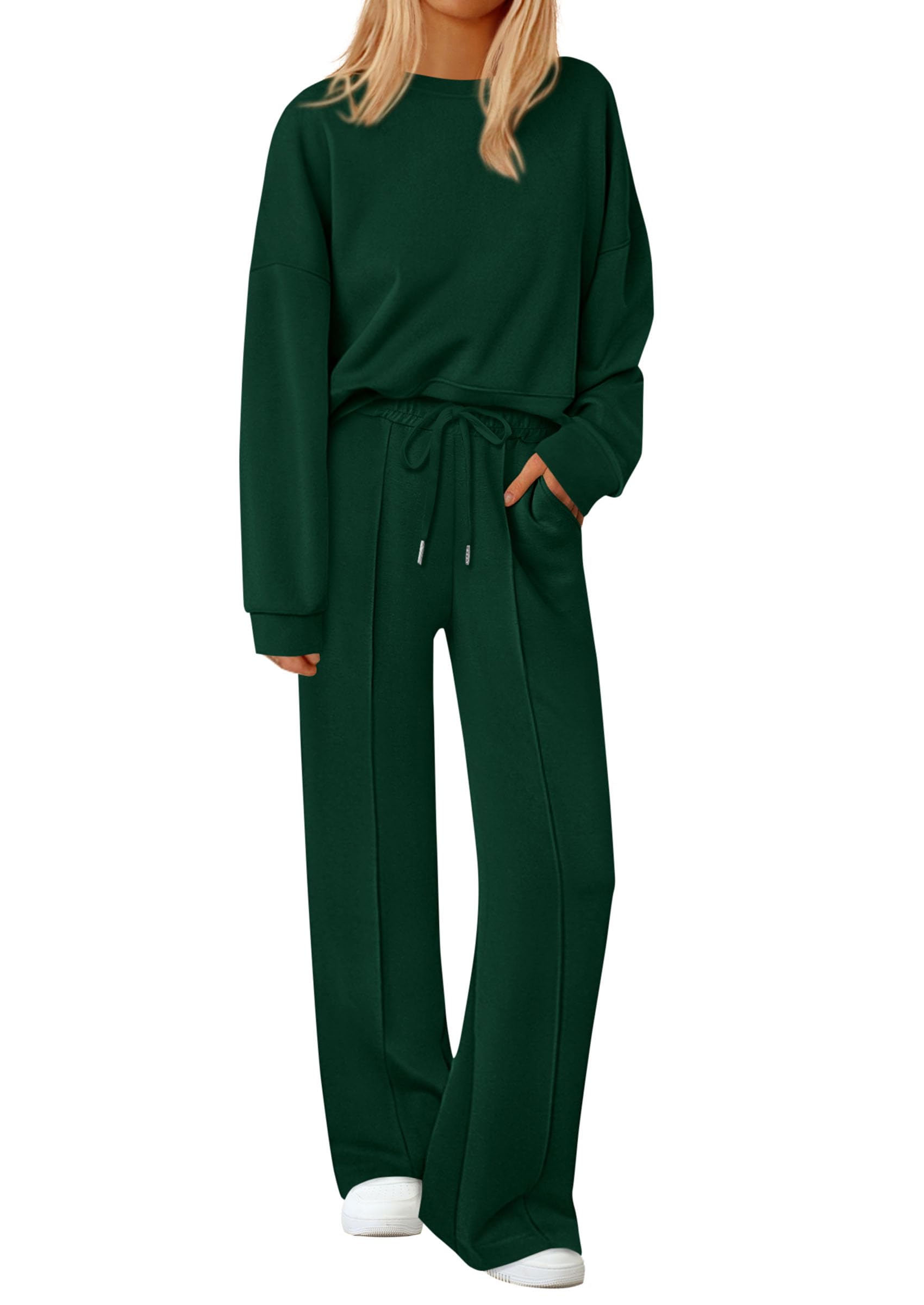 Womens Long Sleeve Sweatshirt 2 Piece Sets,Dark Green,S