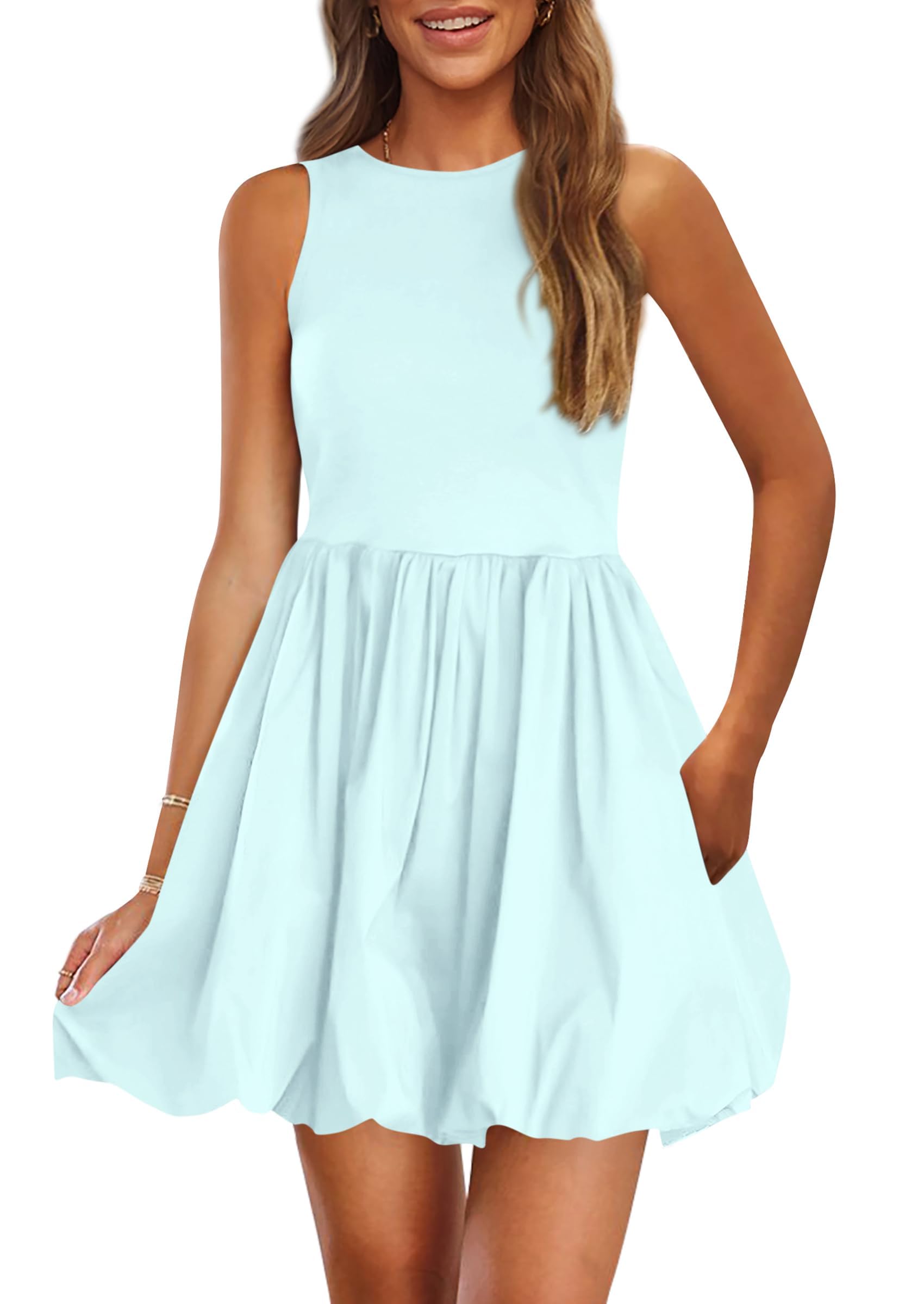 Womens Summer Bubble Sleeveless Mini Dress,Blue,S
