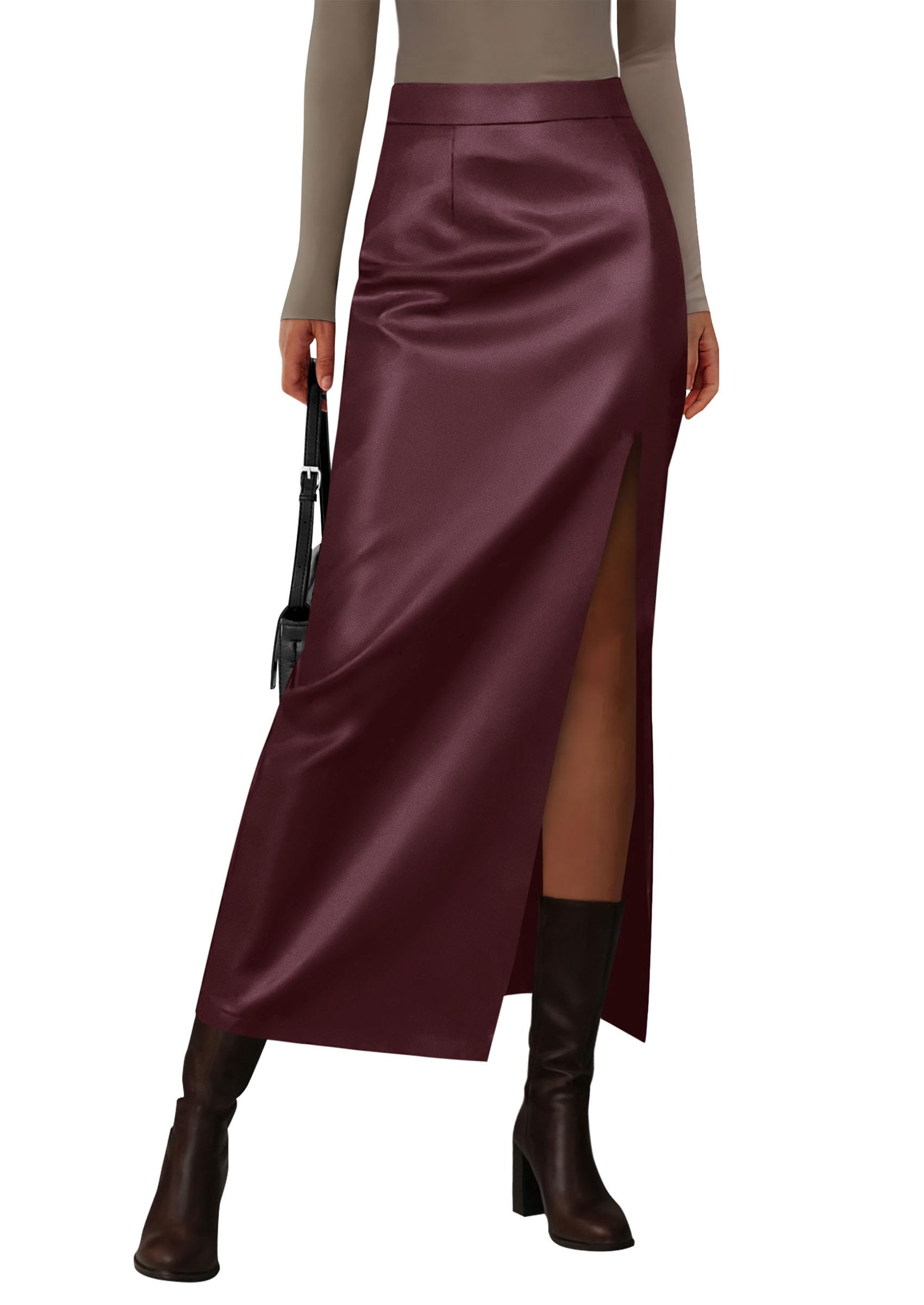 Women's Faux Leather Long Pencil Skirt,Deep Purple,XS