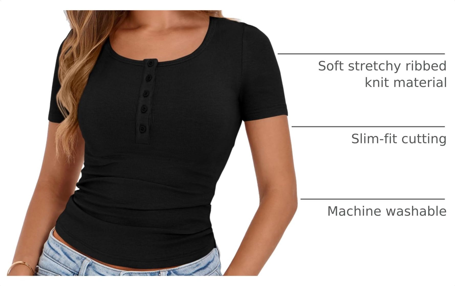 Women's Summer Tops Henley Tee Shirts (Black,X-Small)