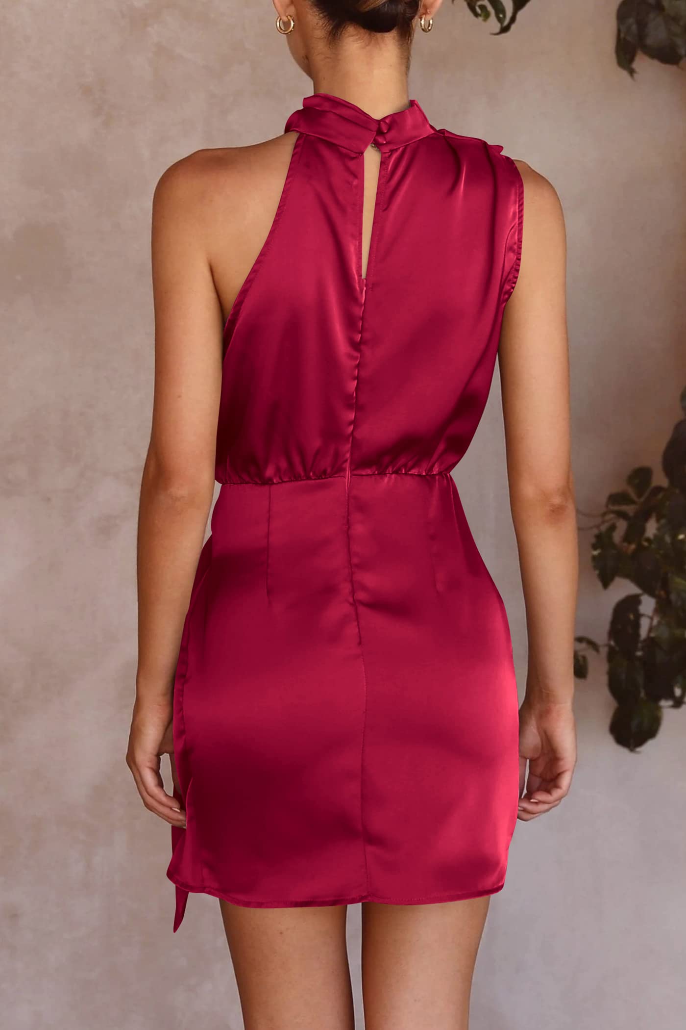 Women's Short Formal Satin Dress Summer Sleeveless Mock Neck Tie Waist Cocktail Party Dresses (Deep Red,Small)