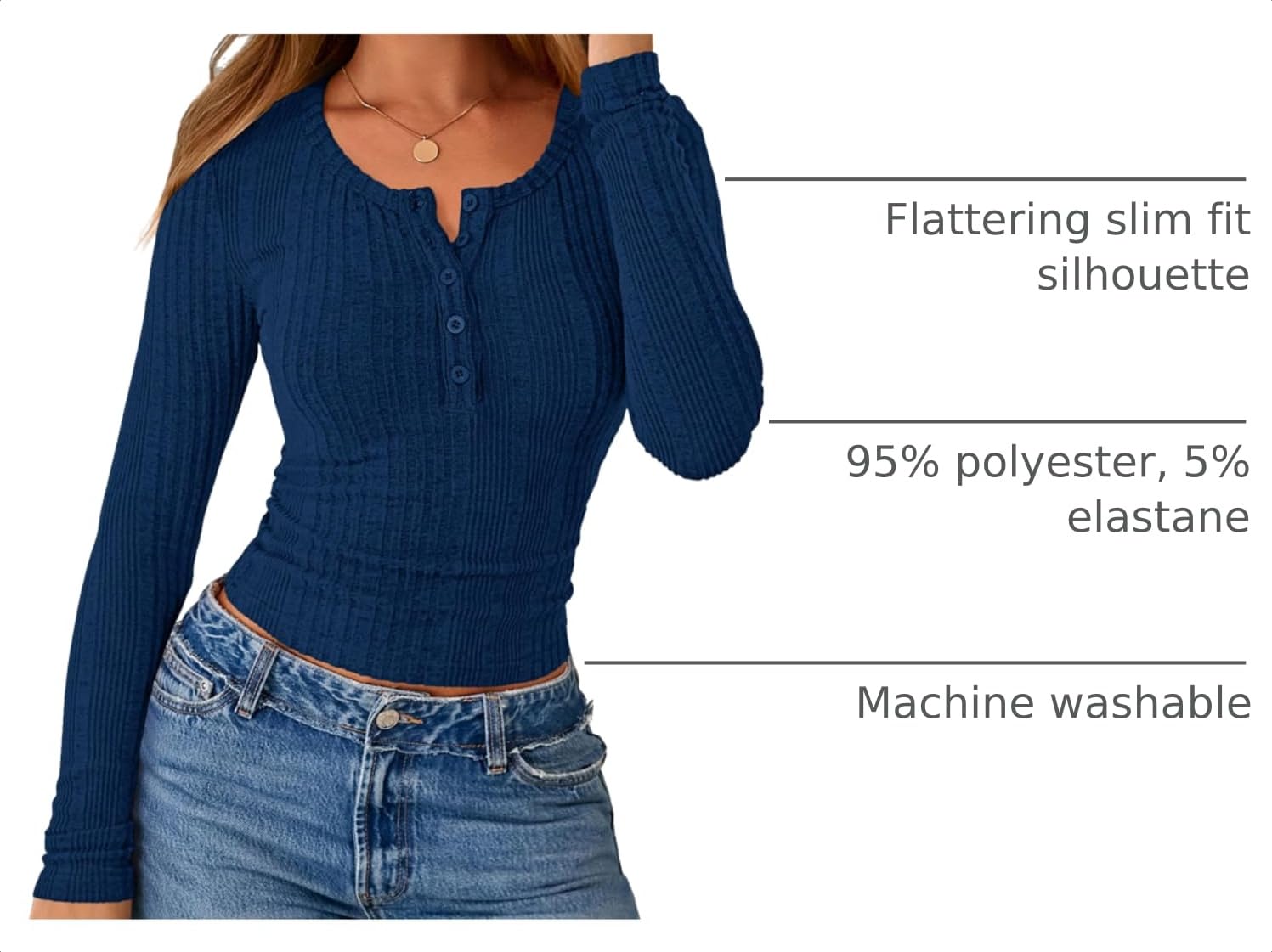 Women's Long Sleeve Tops Ribbed Henley Shirts,Navy Blue,XS