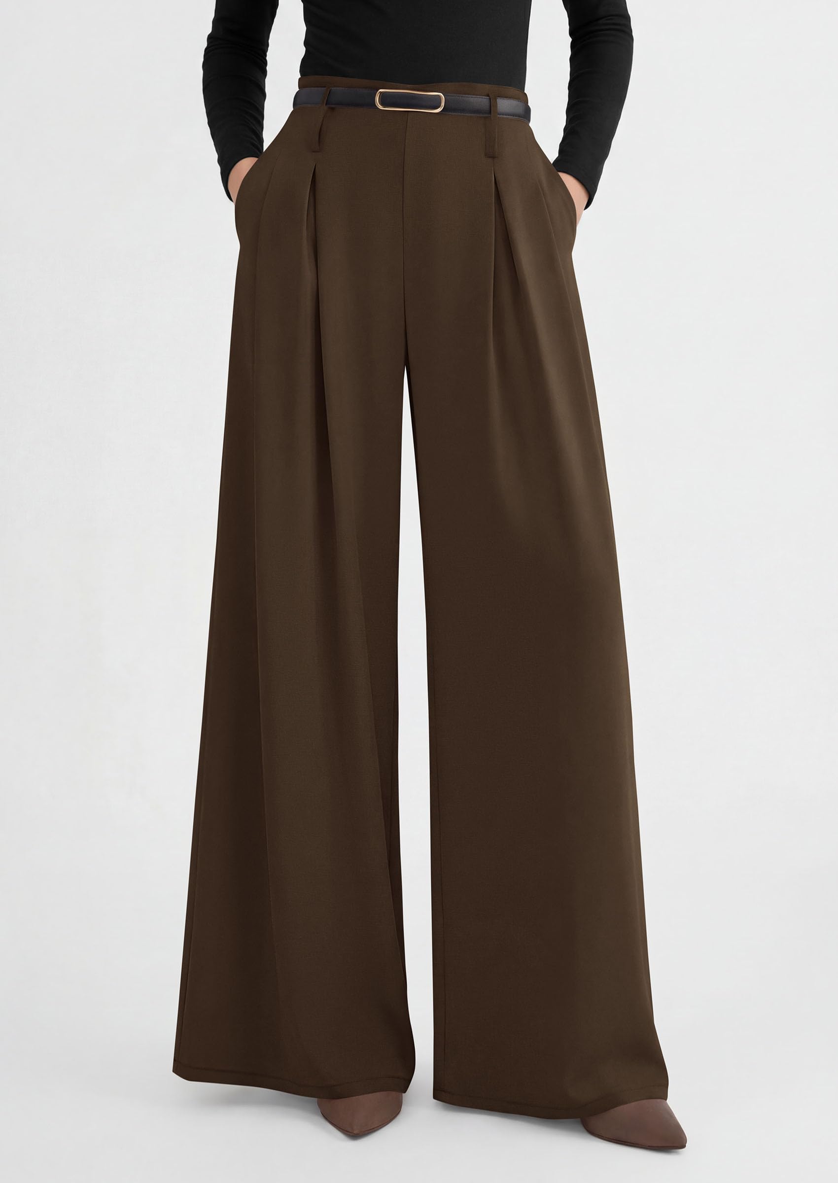 Womens Wide Leg Dress Pants Flowy Trousers,Brown,S