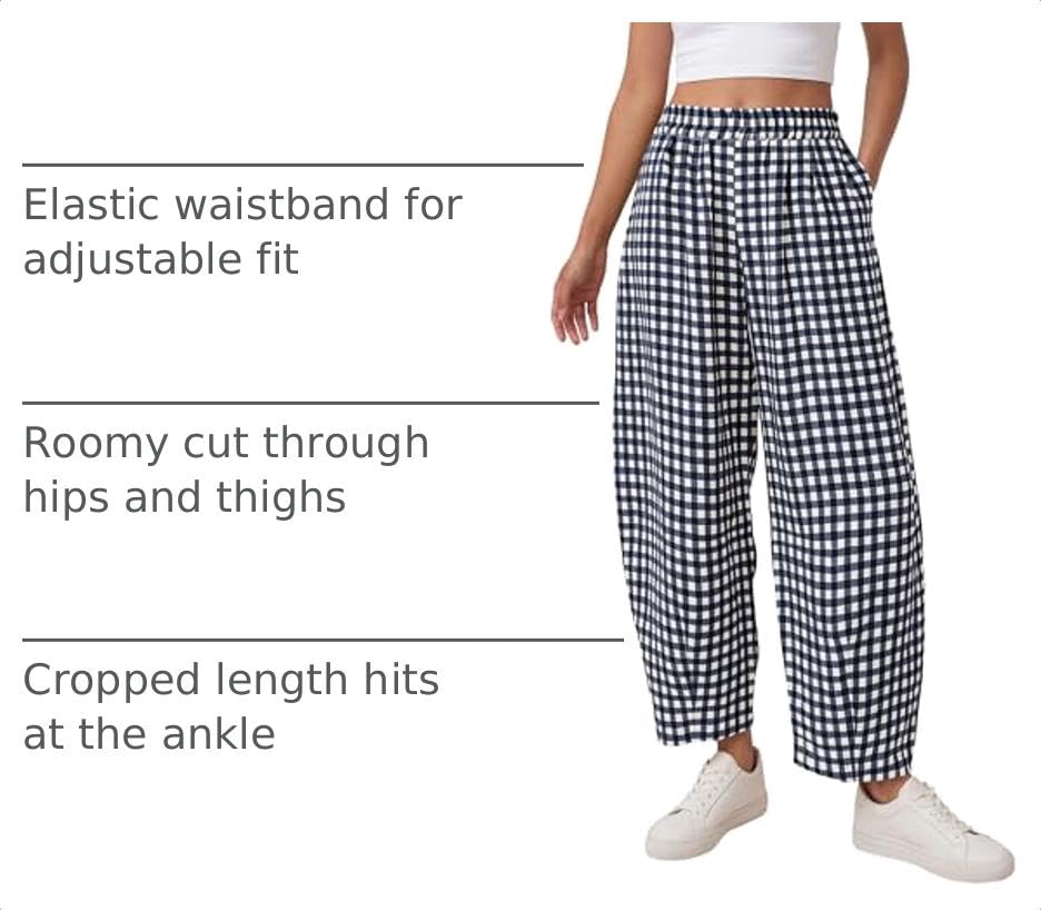 Plaid Barrel Pants Women Summer Bottoms, Navy Blue Plaid,S