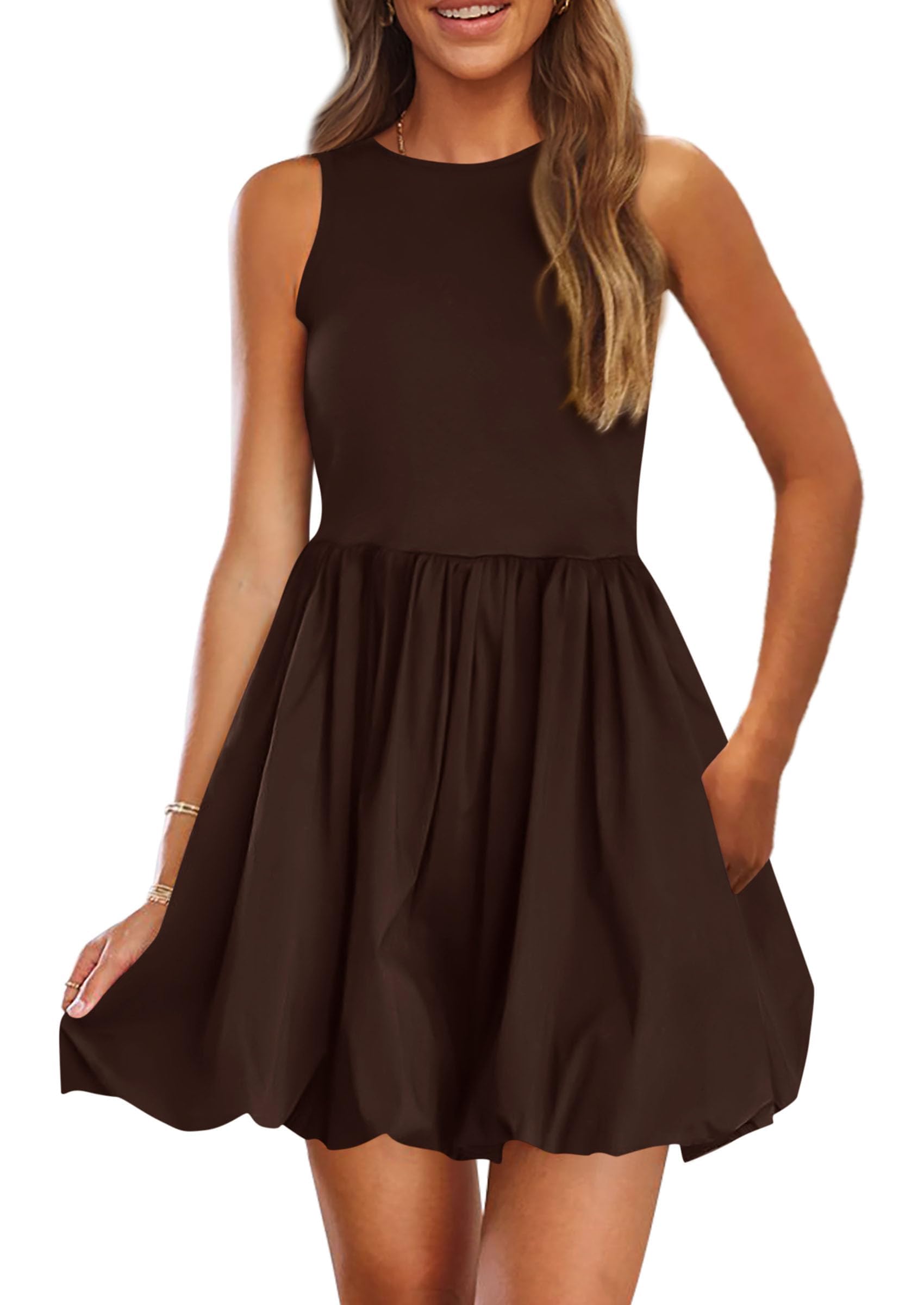 Womens Summer Bubble Sleeveless Mini Dress,Brown,S