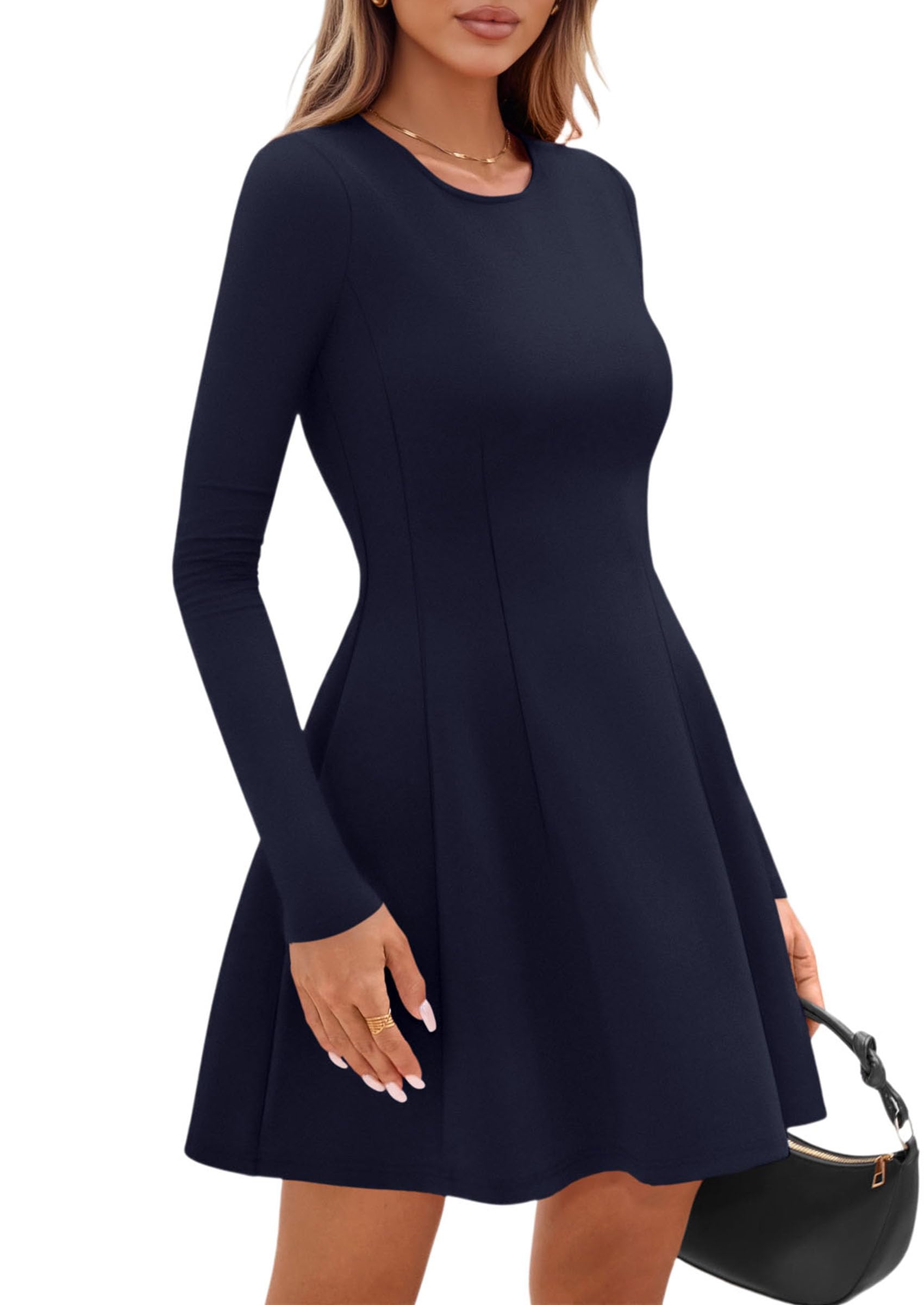 Womens Long Sleeve Pleated Mini Dress,Navy,XS
