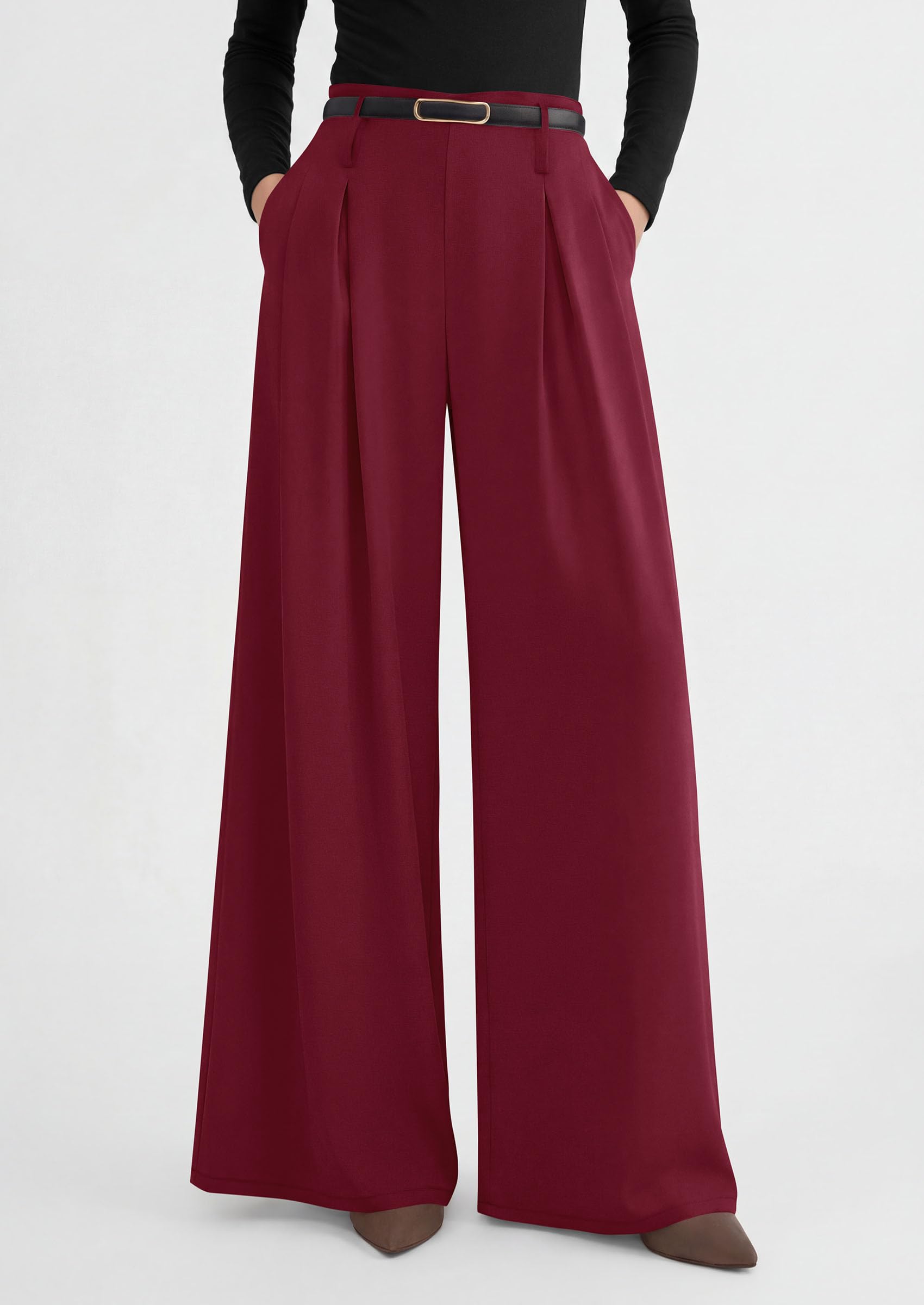 Womens Wide Leg Dress Pants Flowy Trousers,Wine Red,S