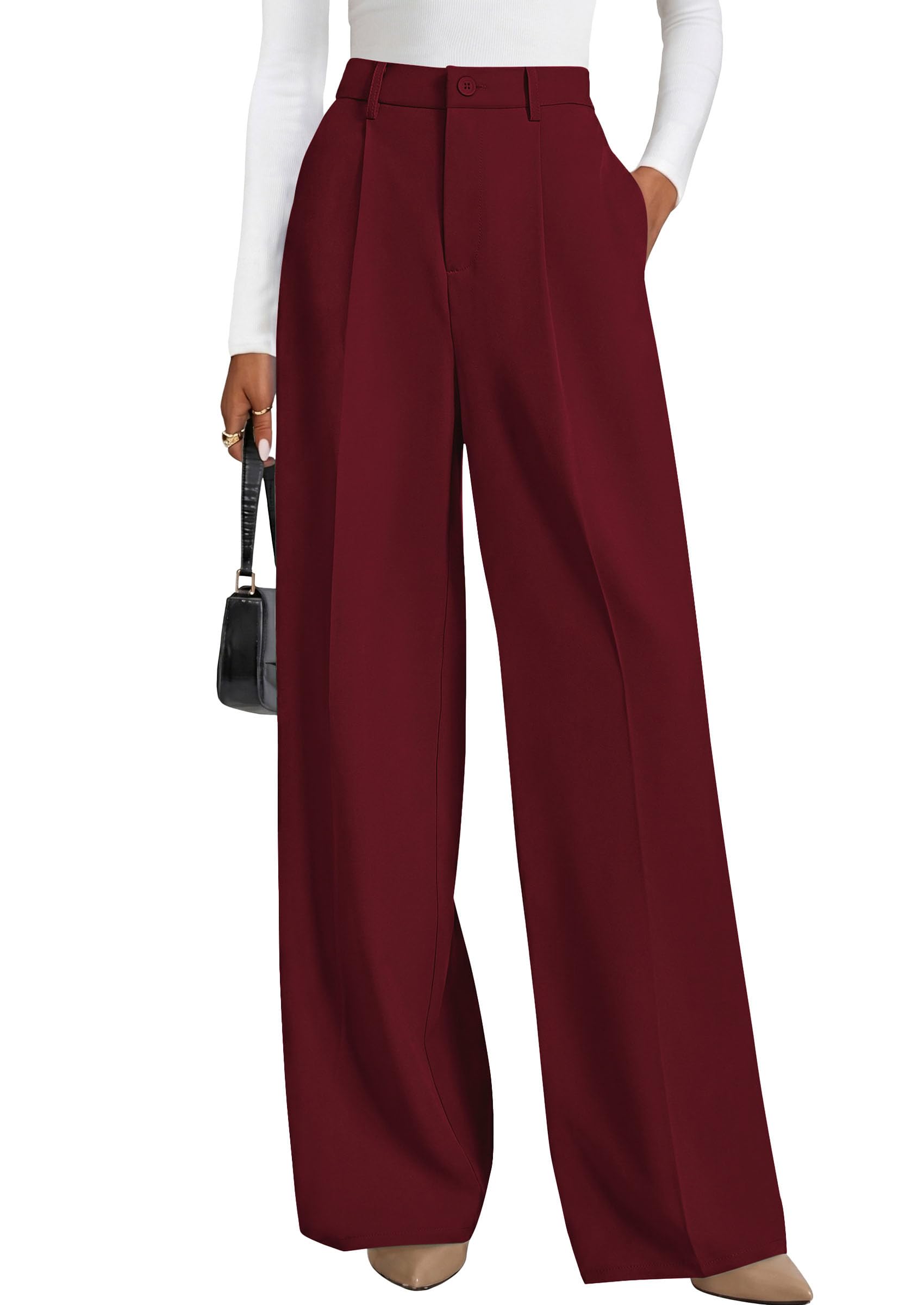 Women's Flowy Wide Leg Dress Pants,Wine Red,S
