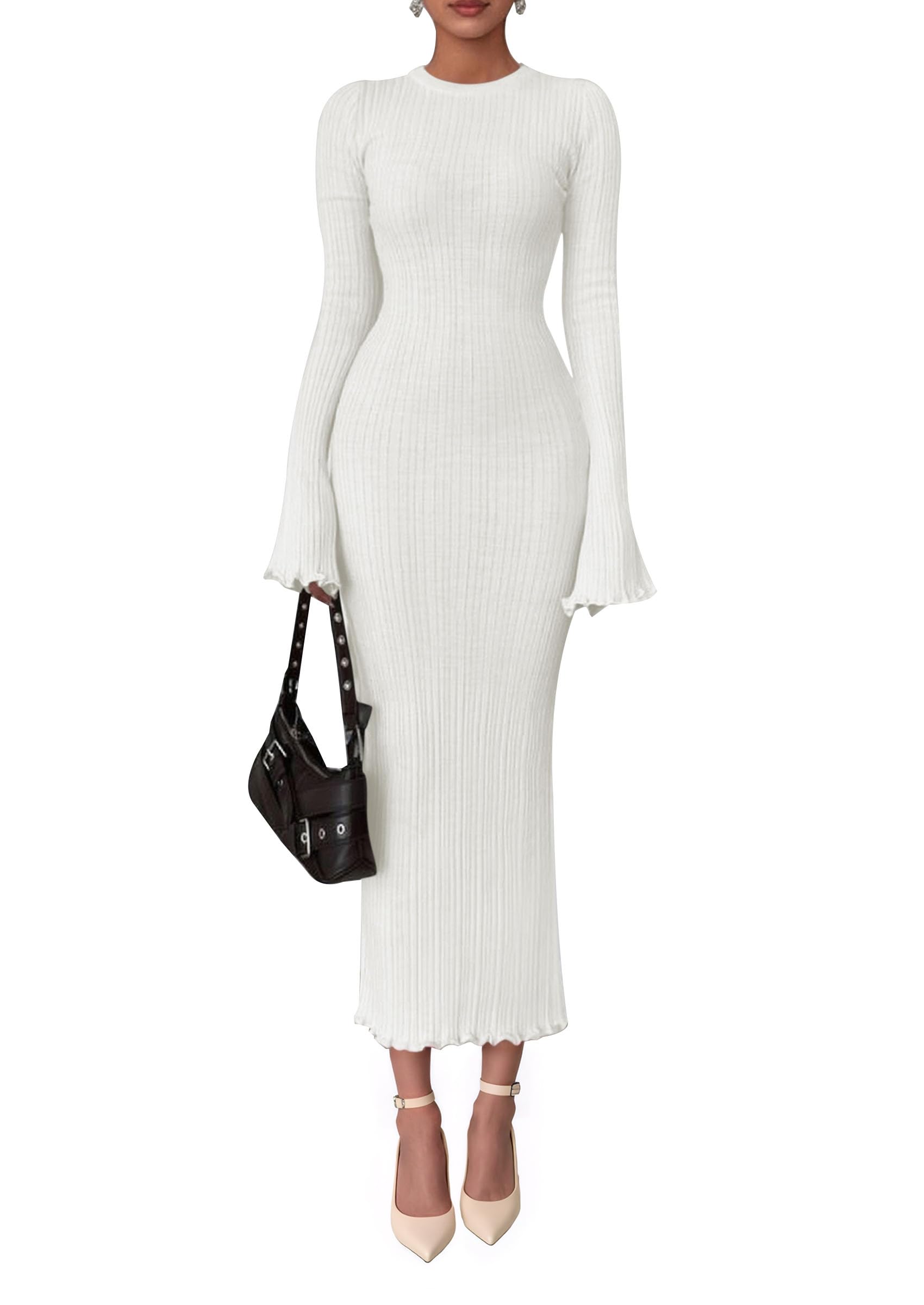 Women's Sweater Dress Long Sleeve Maxi Dresses,White,S
