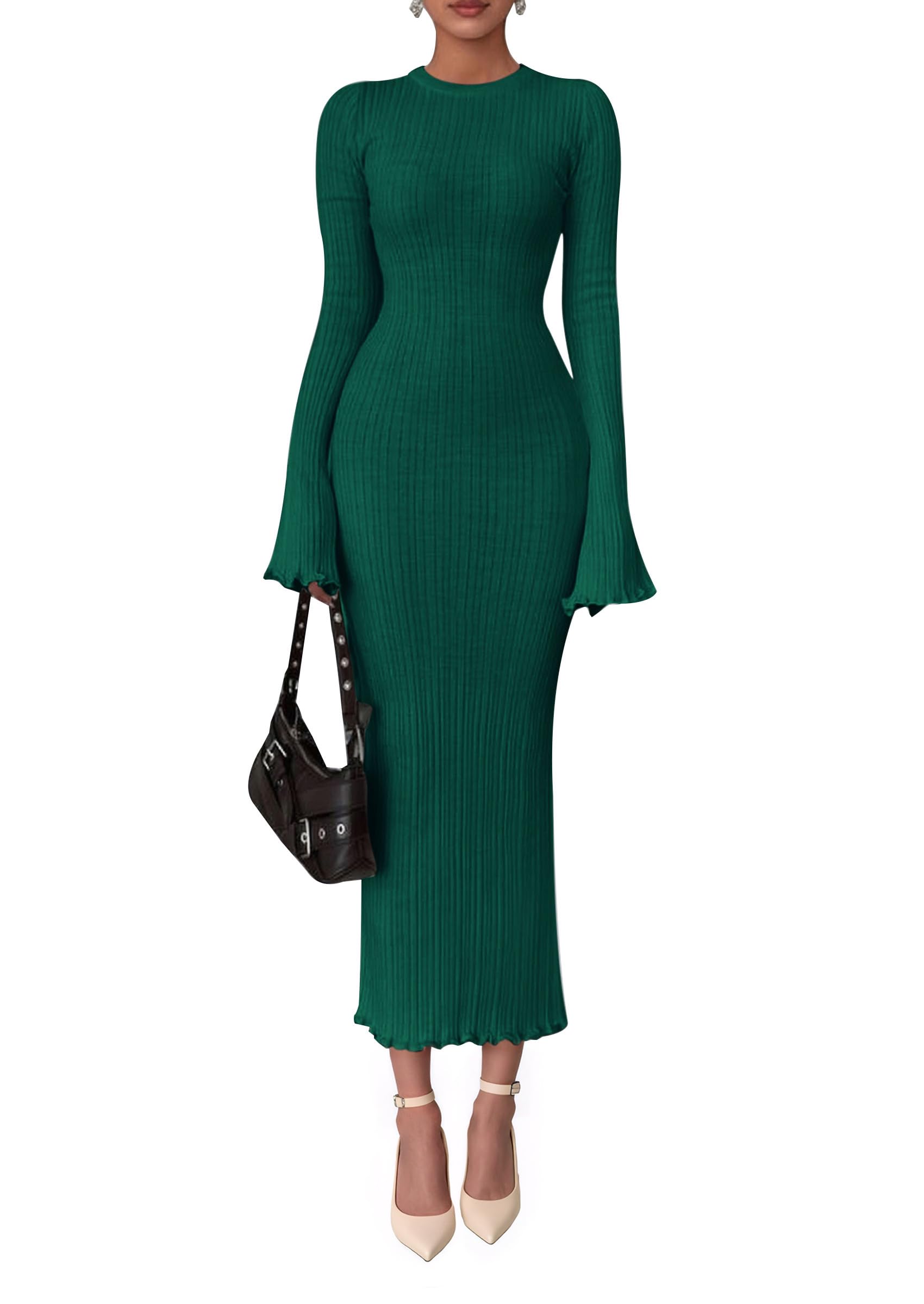 Women's Sweater Dress Long Sleeve Maxi Dresses,Green,S