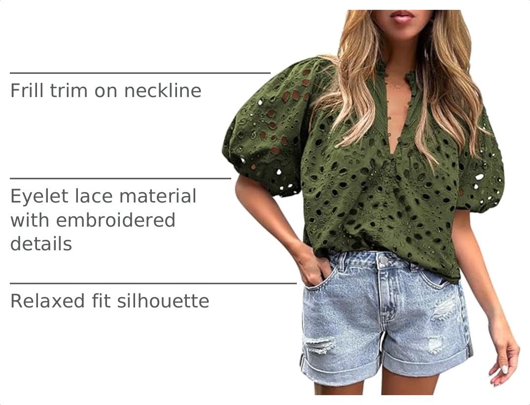 Womens Tops Boho Eyelet Puff Sleeve Blouse, Army Green,S