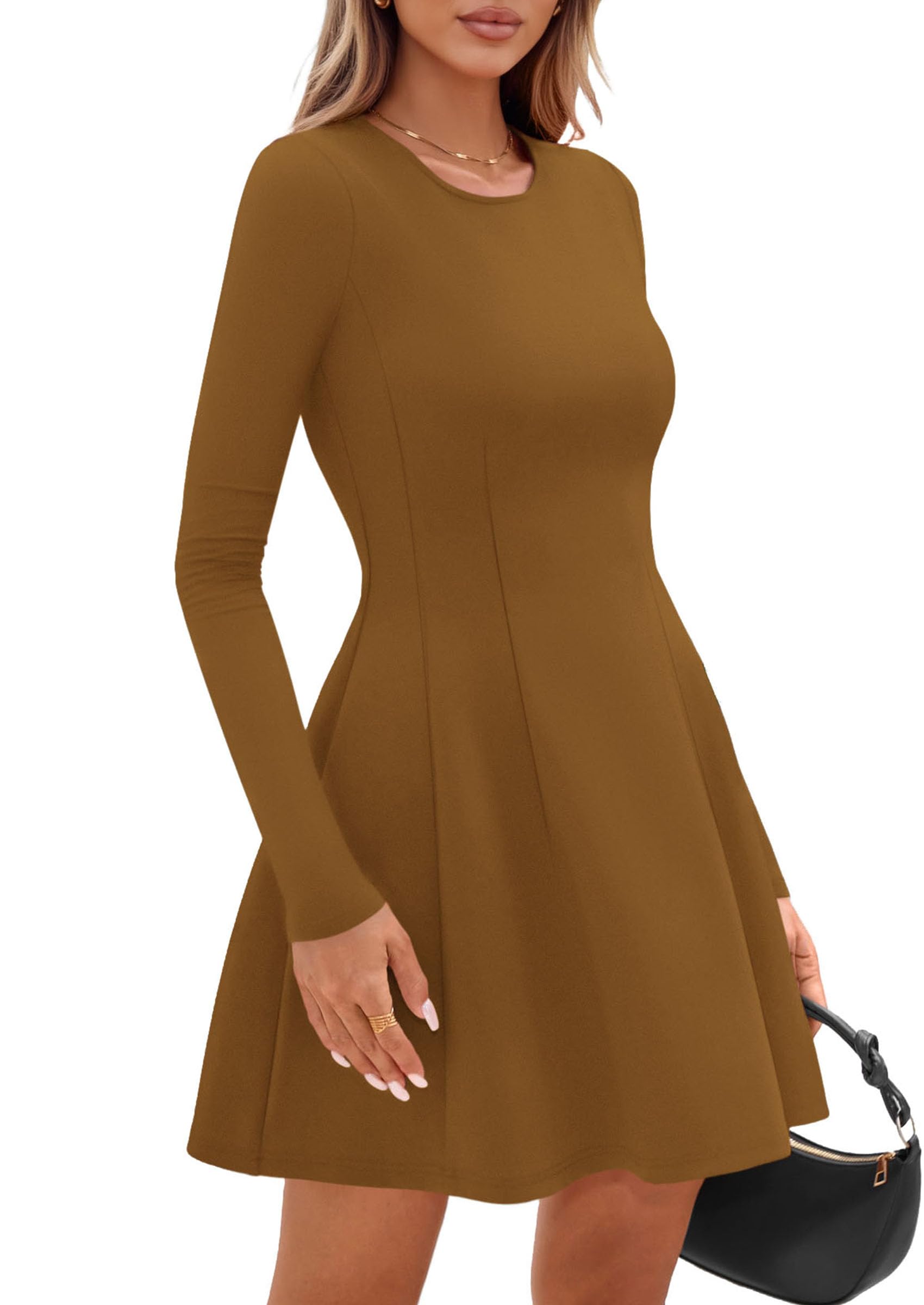 Womens Long Sleeve Pleated Mini Dress,Coffee,XS