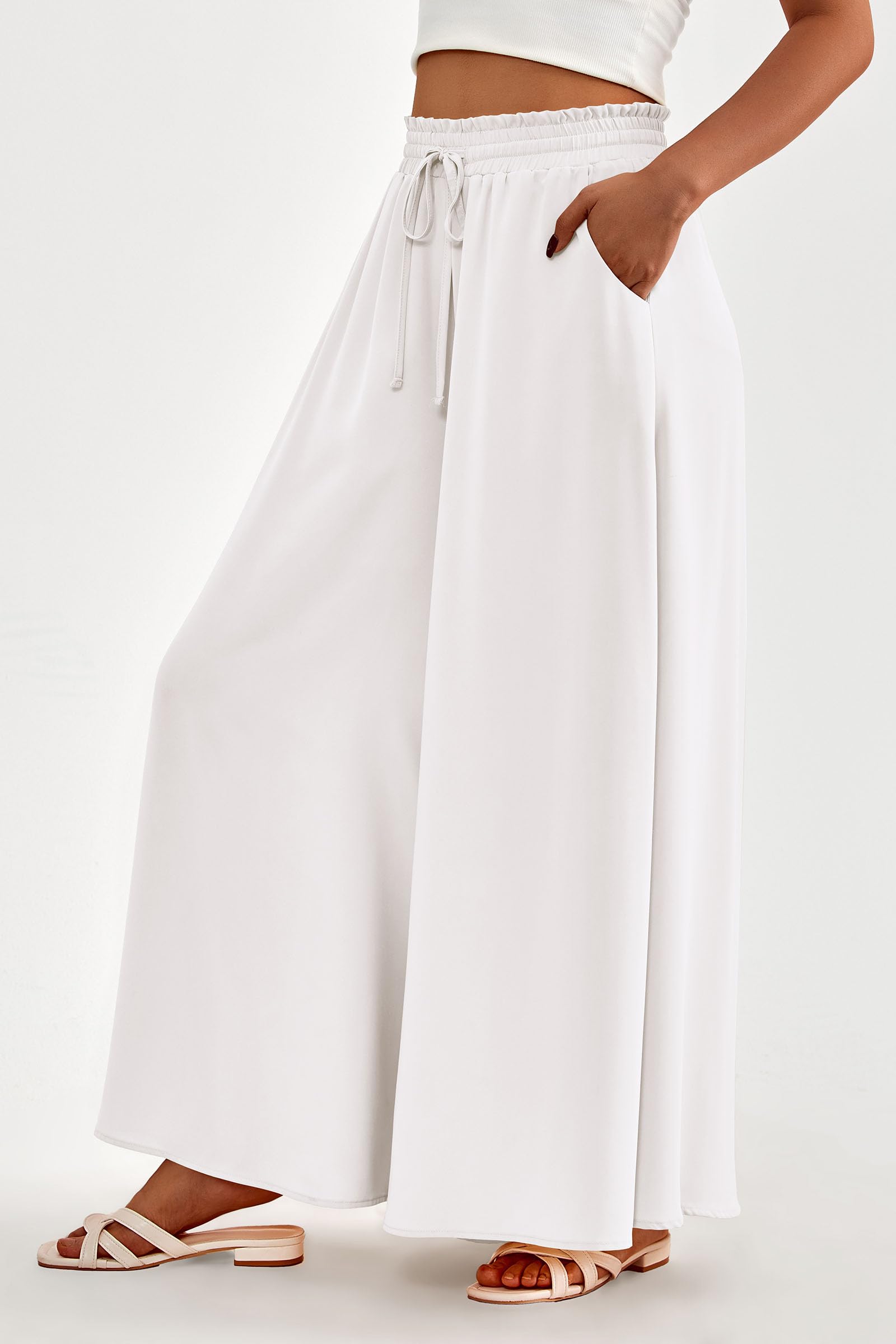Summer Wide Leg Palazzo Pants for Women Casual,White,S