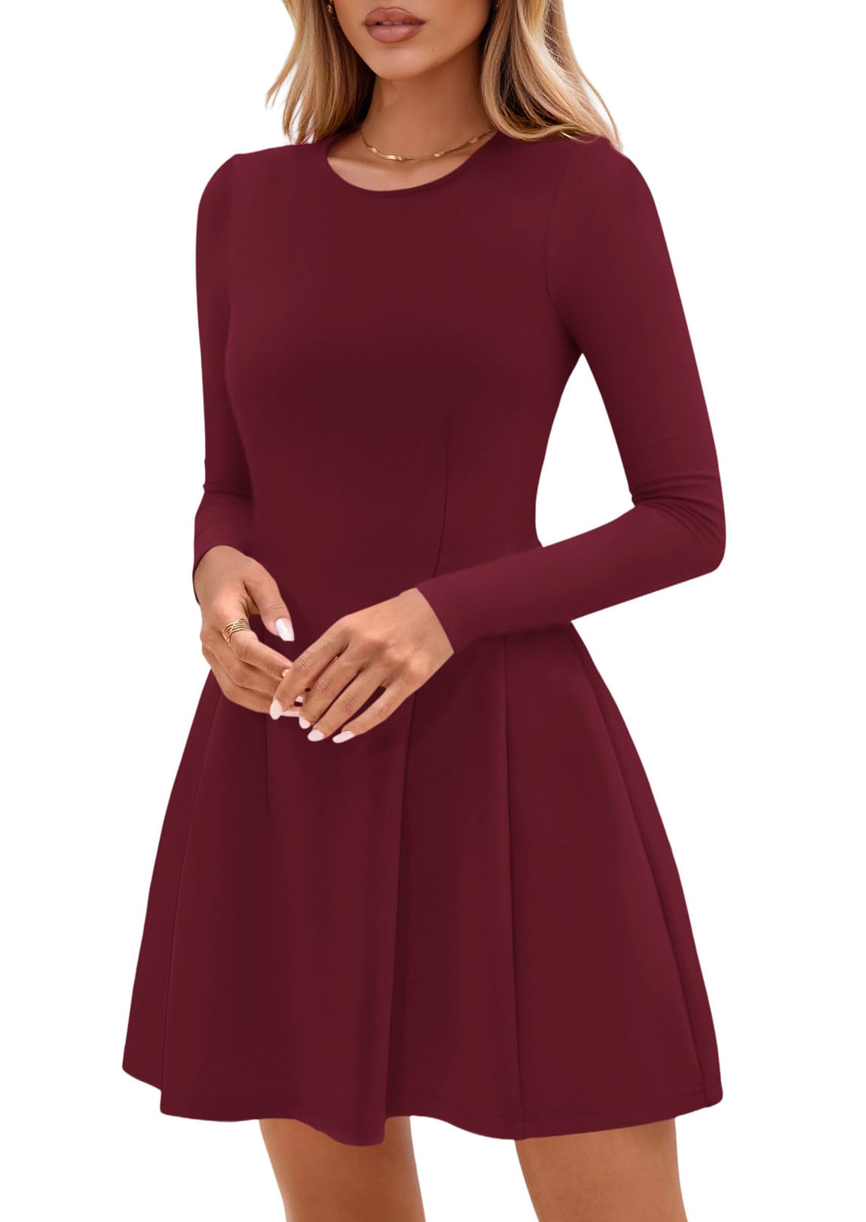 Womens Long Sleeve Pleated Mini Dress,Wine Red,XS