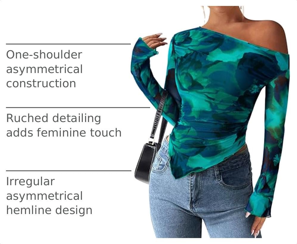 Womens Off Shoulder Mesh Y2k Tops,Floral Lake Blue,XS