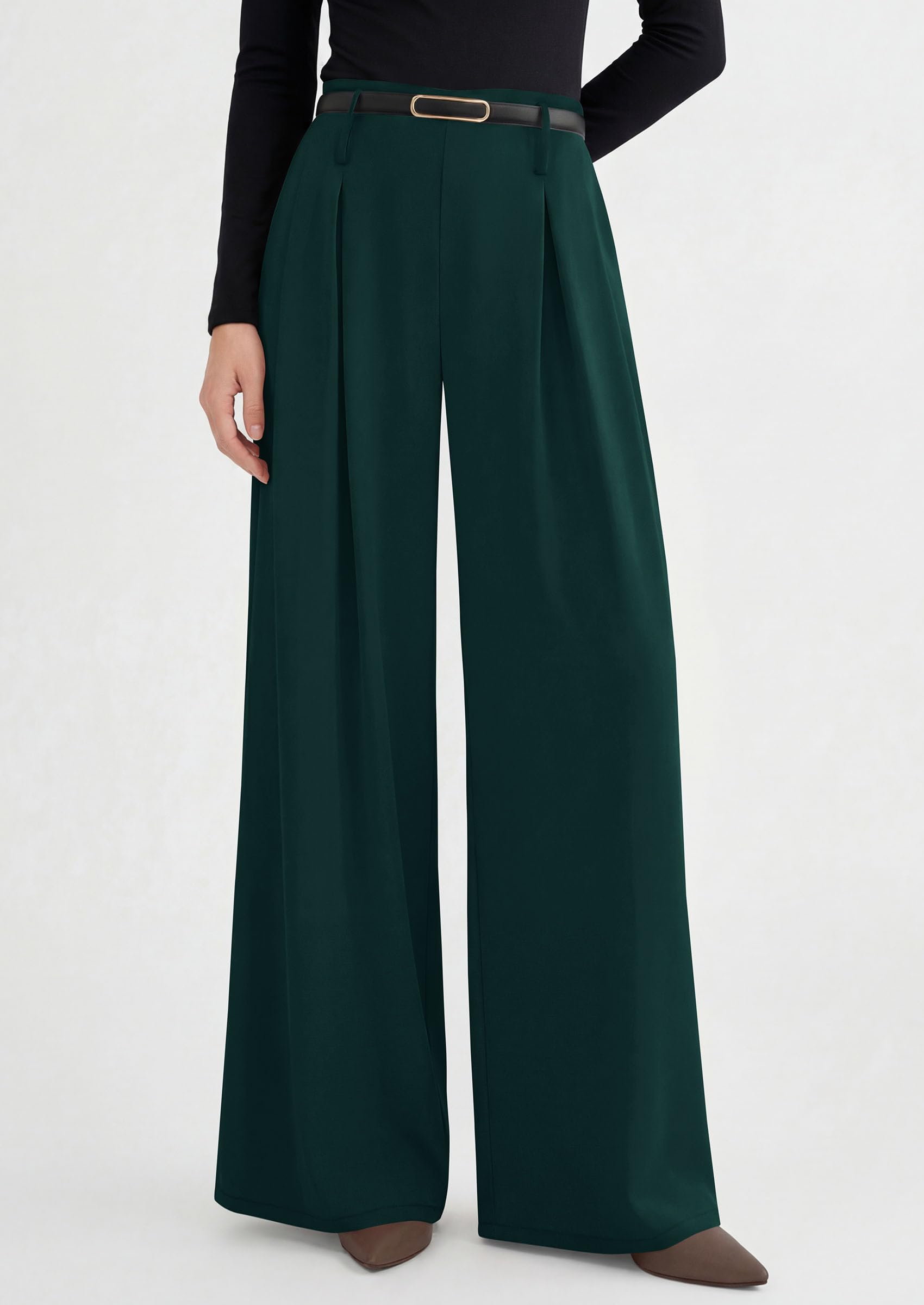 Womens Wide Leg Dress Pants Flowy Trousers,Dark Green,S